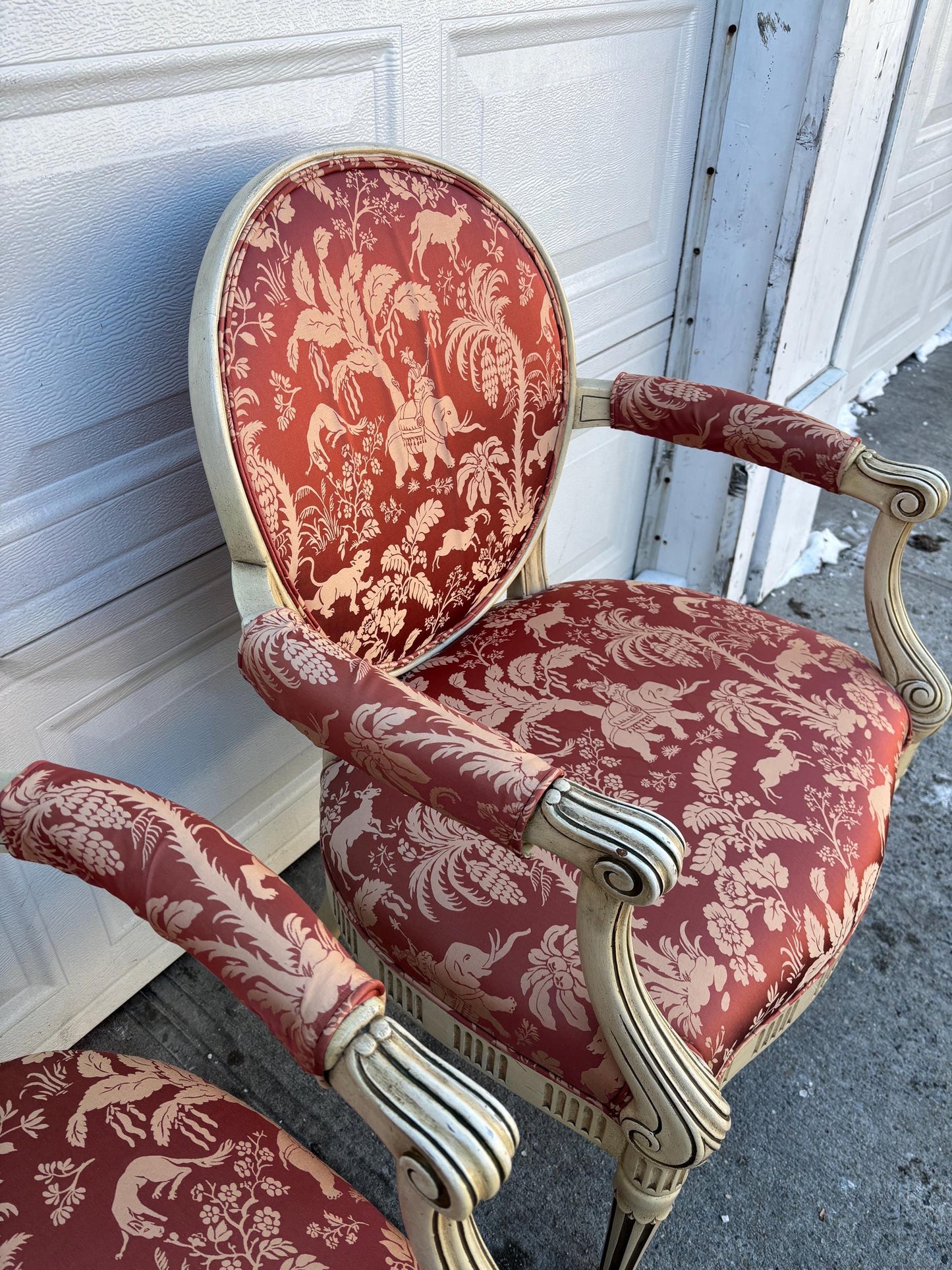 Pair of French Style Armchairs, Louis XVI Accent Chairs, Neoclassical Painted Wood Chairs, Red Toile Upholstered Barrel Back Chairs
