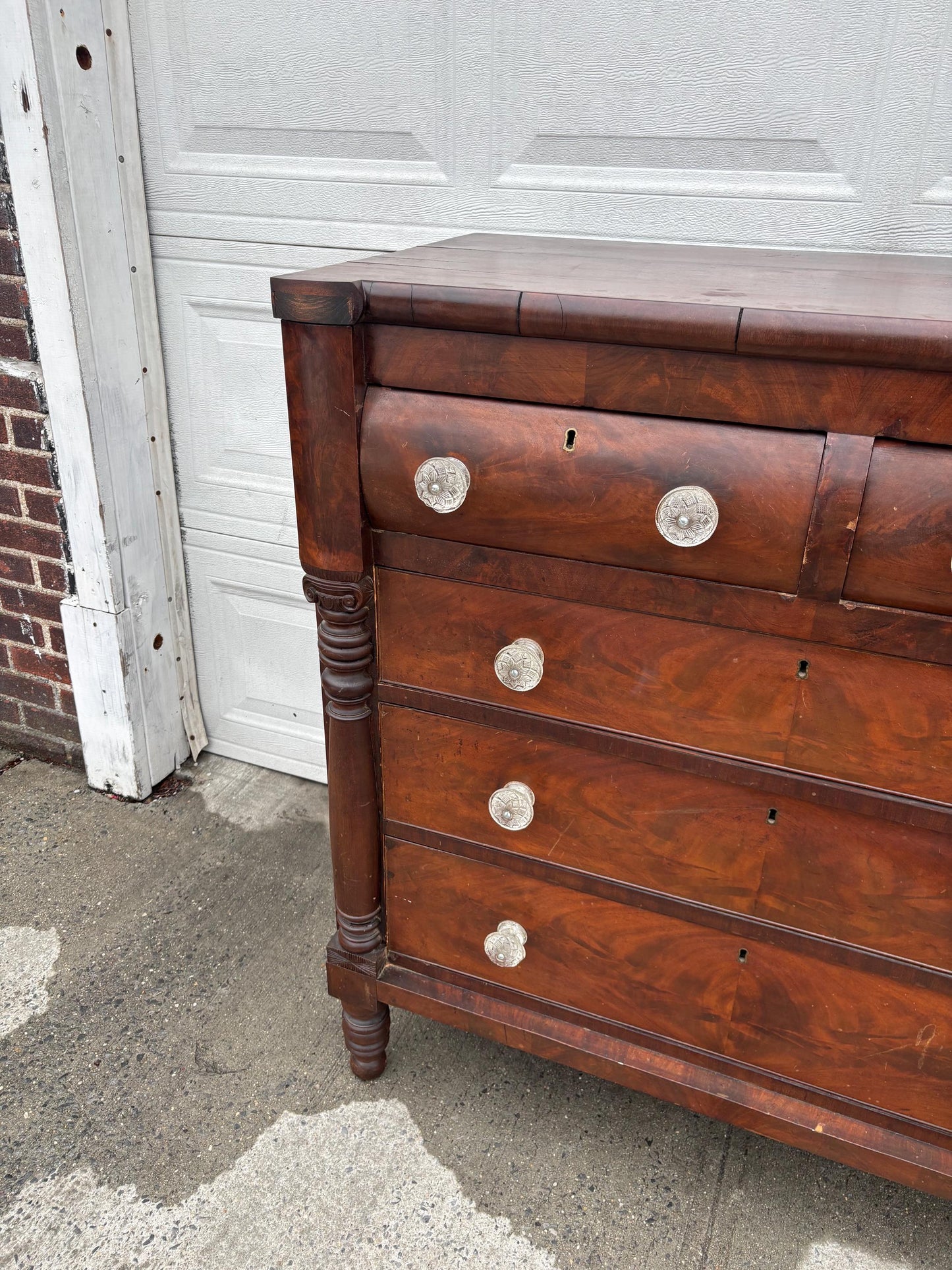 Antique Empire Style Mahogany Dresser Chest Figured Wood Glass Knobs Column Supports Solid Wood Vintage Bedroom Furniture