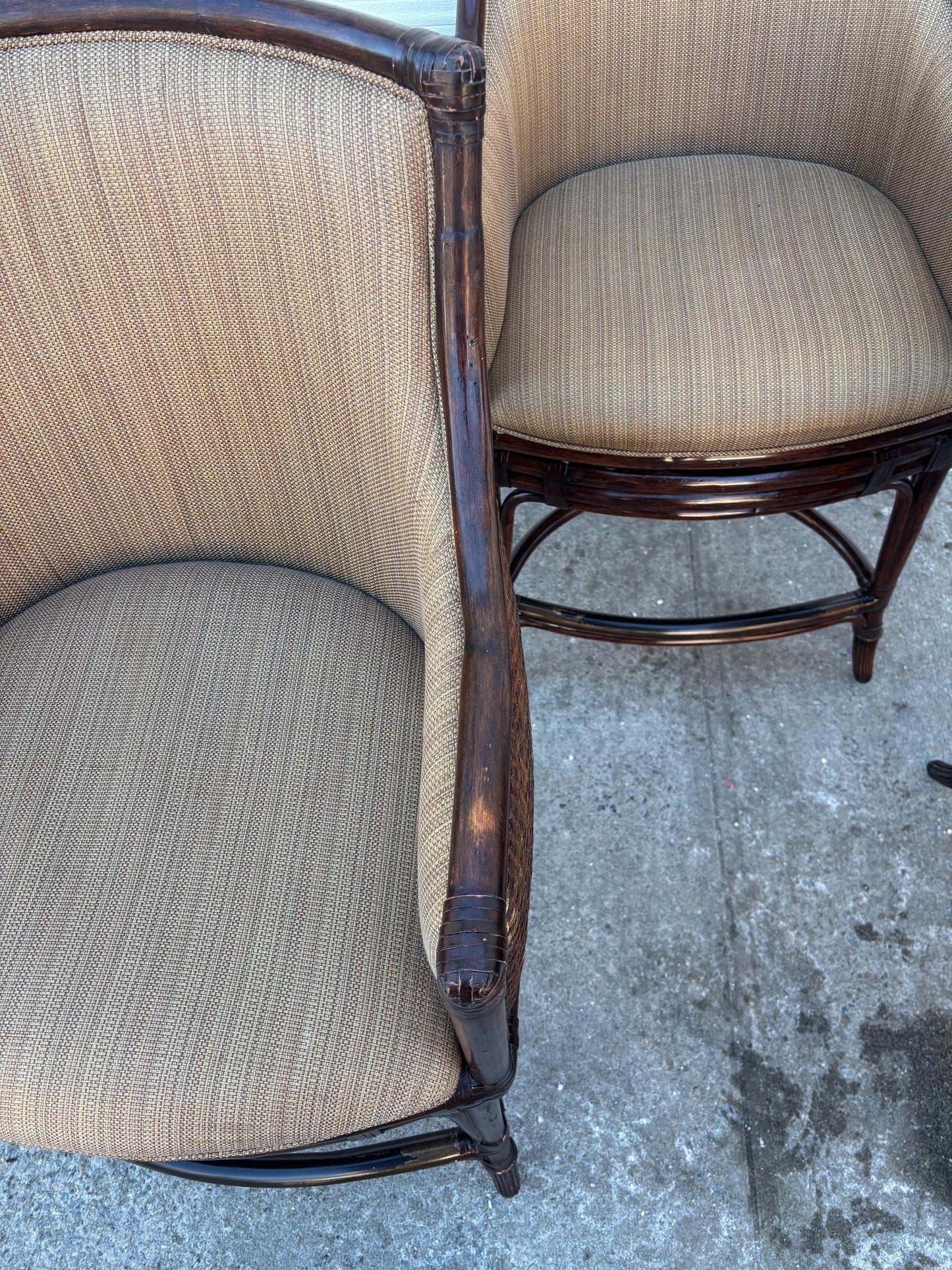 Set of 3 Faux Bamboo Rattan Armchairs, McGuire Style Lounge Chairs, Coastal Organic Modern Barrel Back Chairs, Upholstered Accent Seating