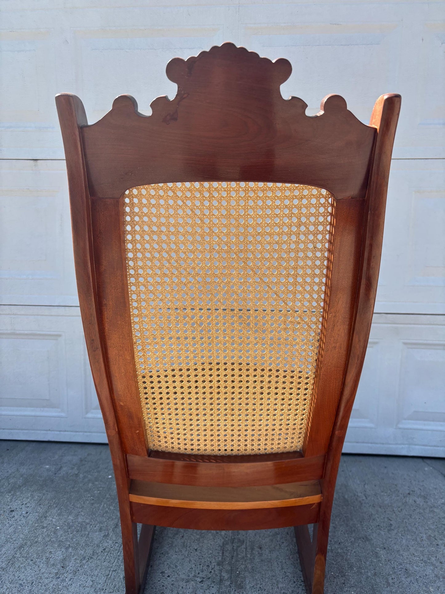 Vintage Cane Back Rocking Chair, Carved Wood Scroll Arm Rocker, Traditional Accent Chair, High Back French Style Rocker