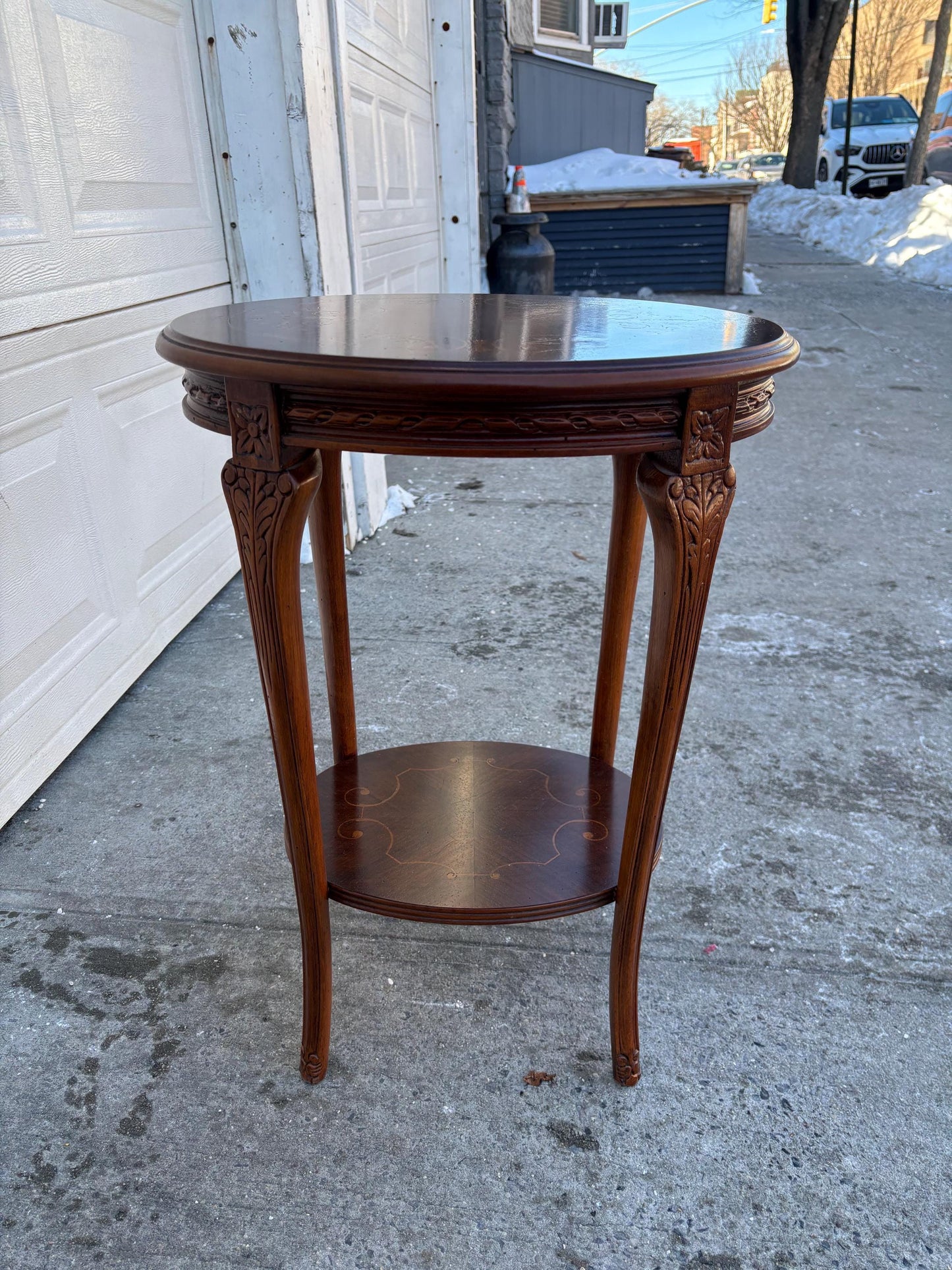 Vintage Italian Inlaid Side Table, Round Wood Accent Table with Shelf, Neoclassical Marquetry End Table, Decorative Occasional Table