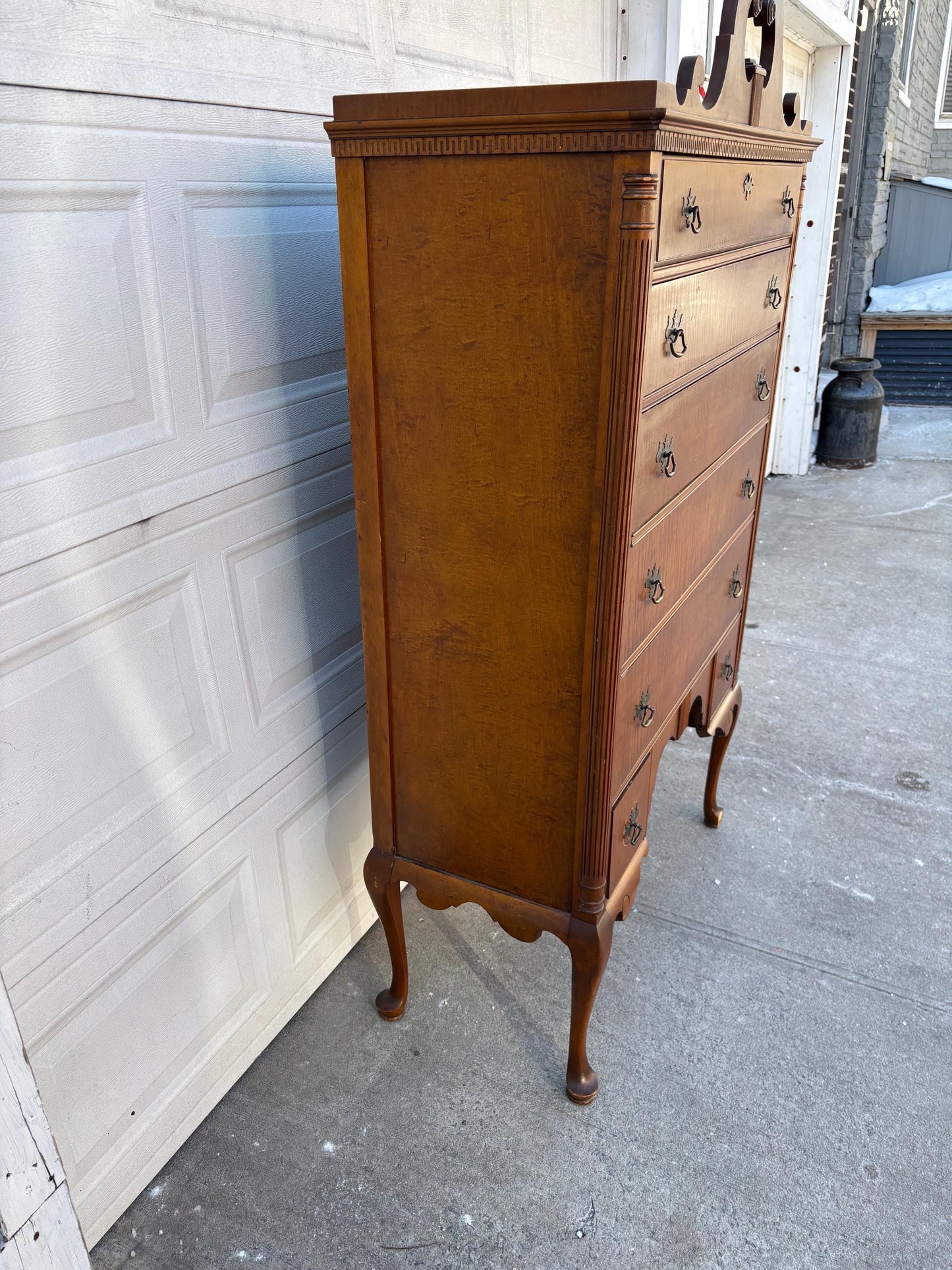 Vintage Highboy Dresser Tall Chest Queen Anne Style Bonnet Top Cabriole Legs Chippendale Revival Solid Wood Chest