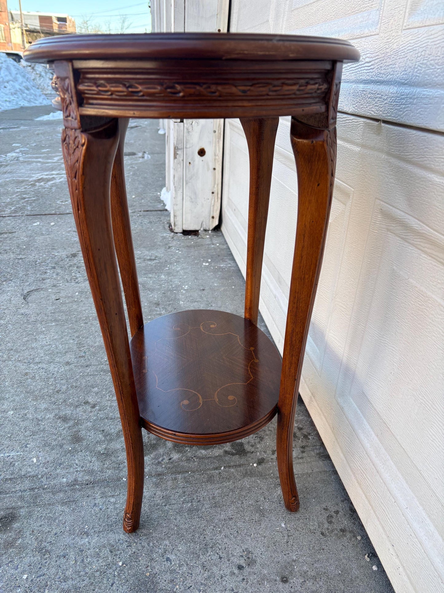 Vintage Italian Inlaid Side Table, Round Wood Accent Table with Shelf, Neoclassical Marquetry End Table, Decorative Occasional Table