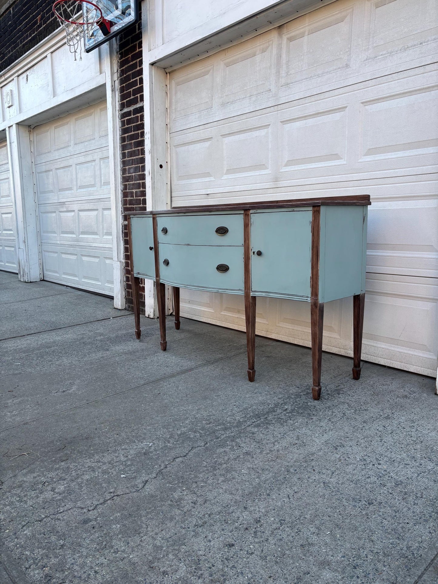 Painted Farmhouse Sideboard Buffet Cabinet Distressed Blue Wood Console Table Serpentine Front Storage Cabinet