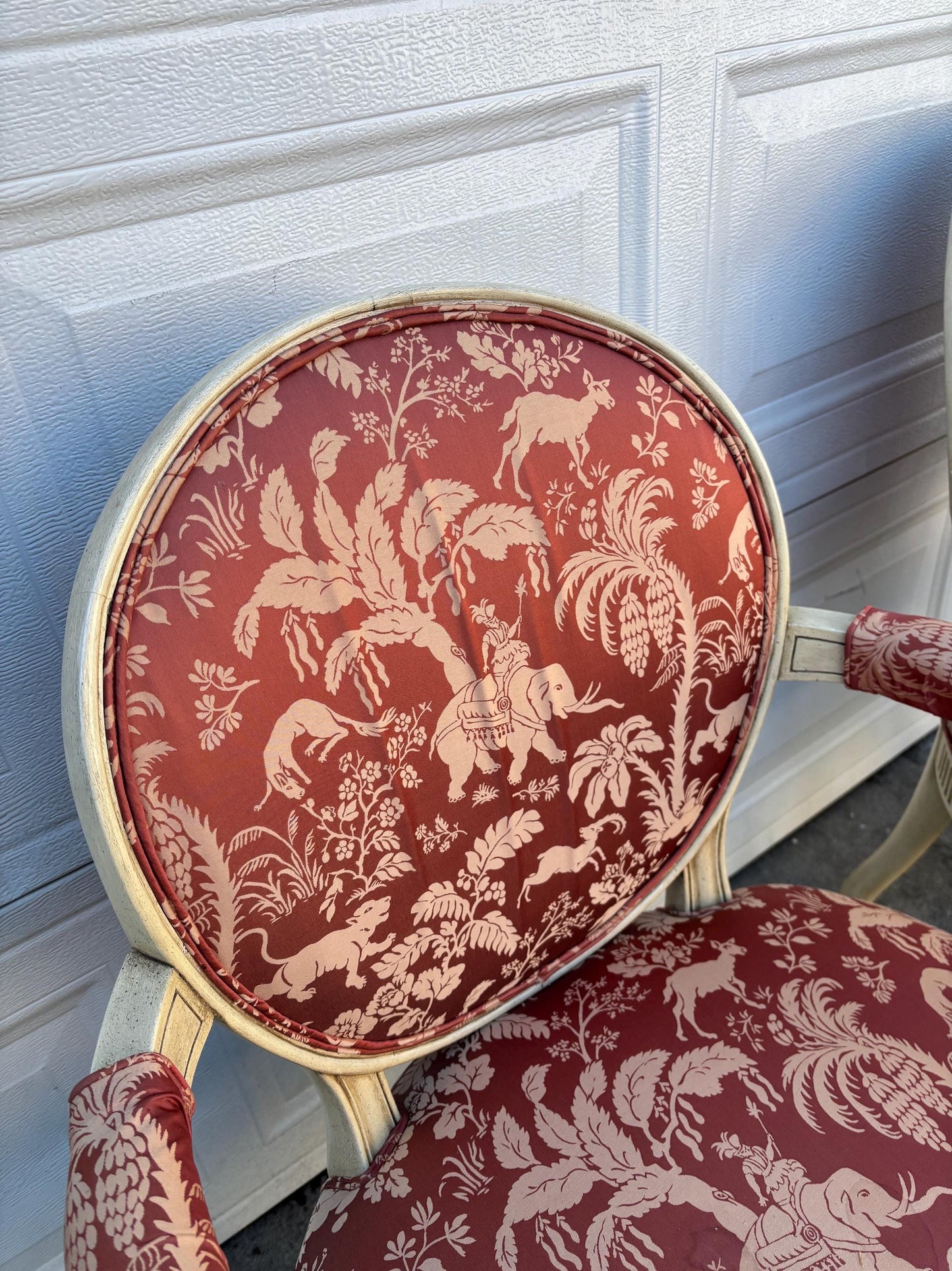 Pair of French Style Armchairs, Louis XVI Accent Chairs, Neoclassical Painted Wood Chairs, Red Toile Upholstered Barrel Back Chairs