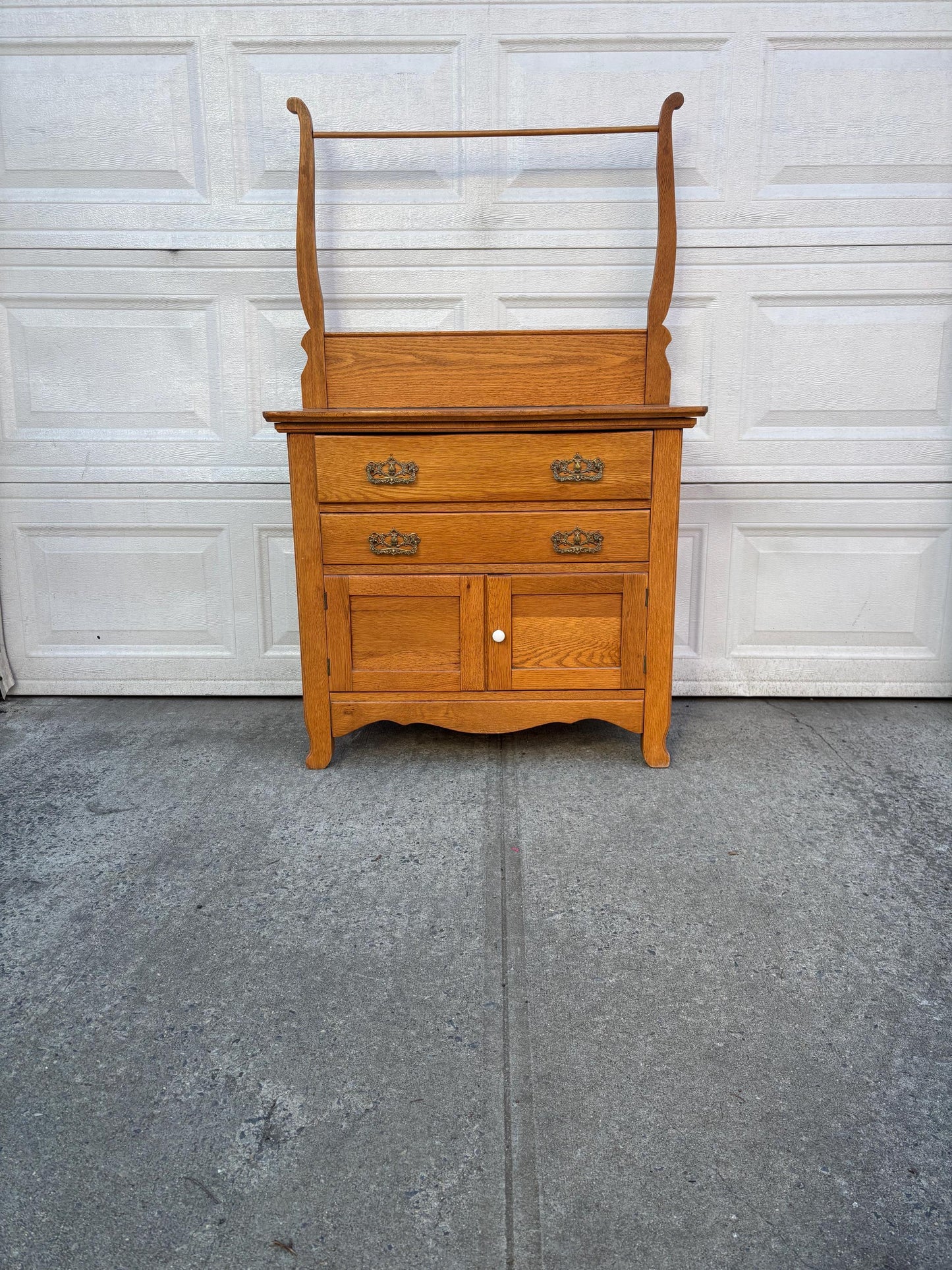 Antique Oak Washstand With Towel Rack Vintage Farmhouse Cabinet Sideboard Rustic Bathroom Storage