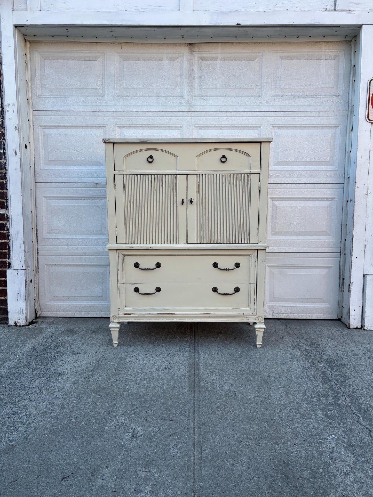 Vintage French Provincial Secretary Desk Cabinet White Distressed Drop Front Storage Chest