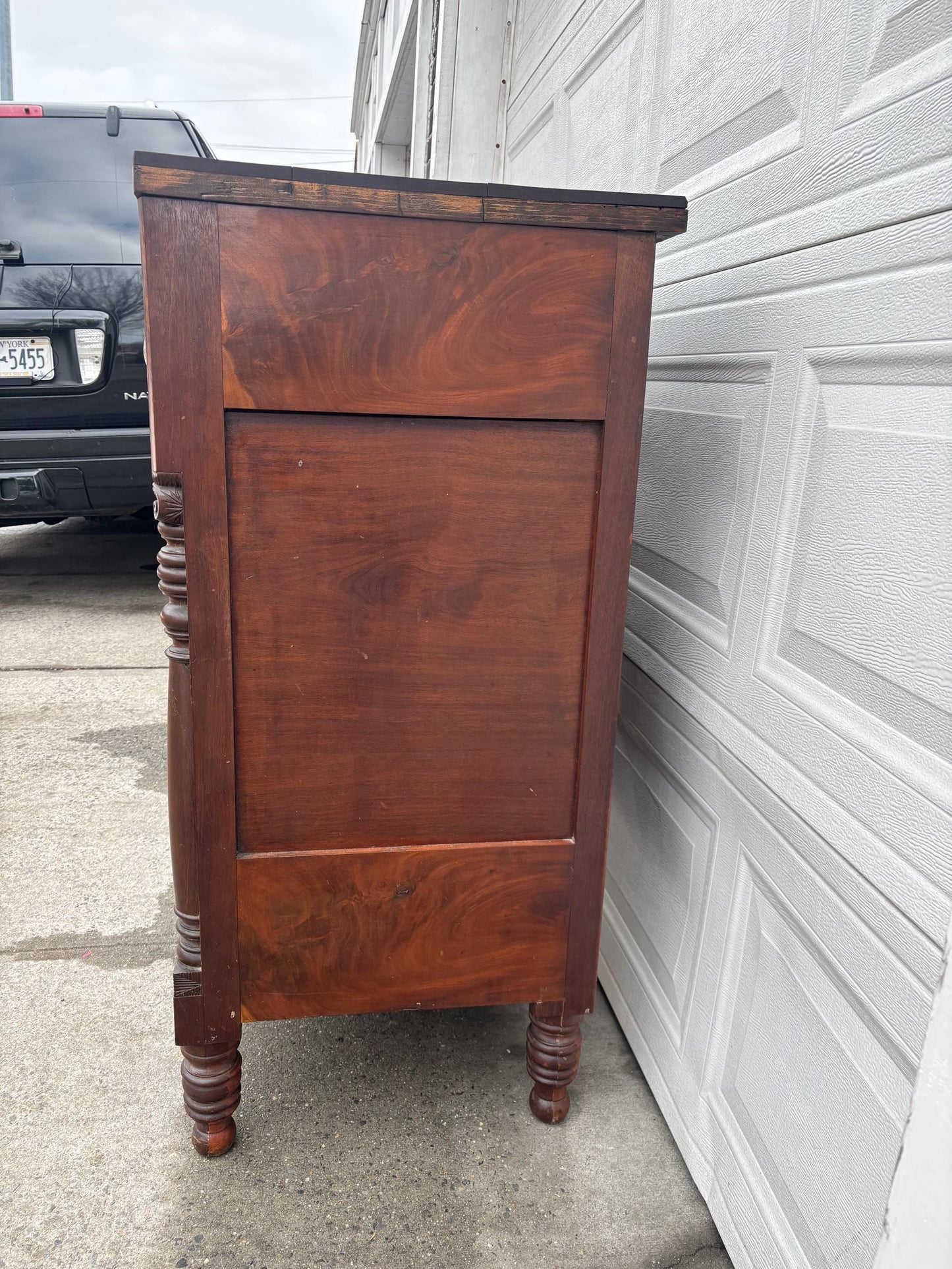 Antique Empire Style Mahogany Dresser Chest Figured Wood Glass Knobs Column Supports Solid Wood Vintage Bedroom Furniture