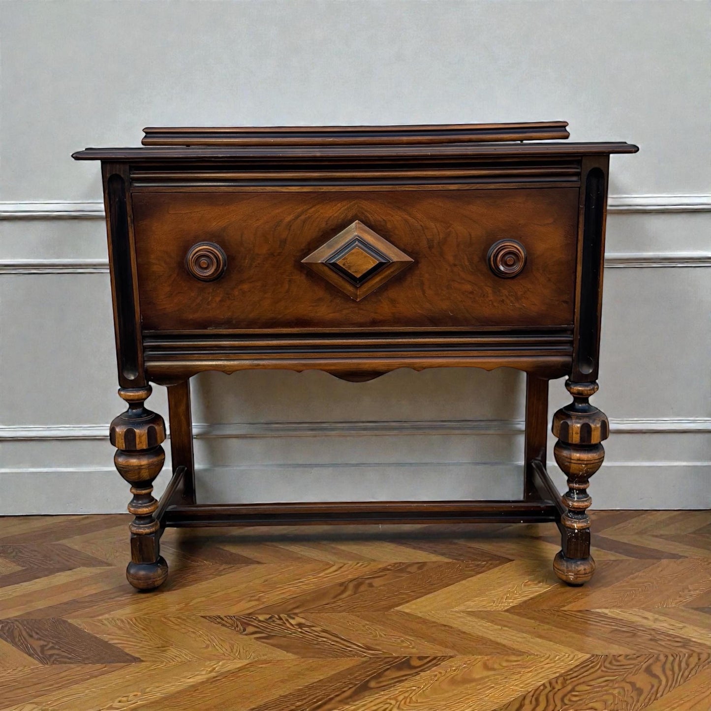 Antique Jacobean Revival Sideboard Server Buffet Walnut Bar Cabinet Console Table Vintage Storage Furniture