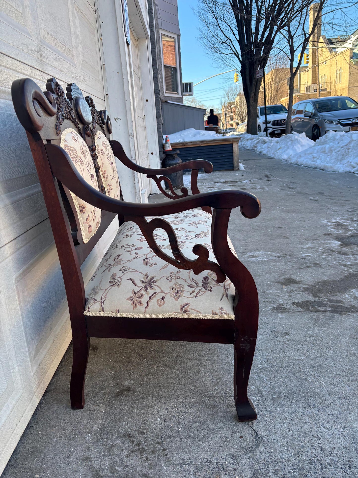 Antique Victorian Settee Carved Wood Loveseat Upholstered Parlor Bench Eastlake Style Sofa