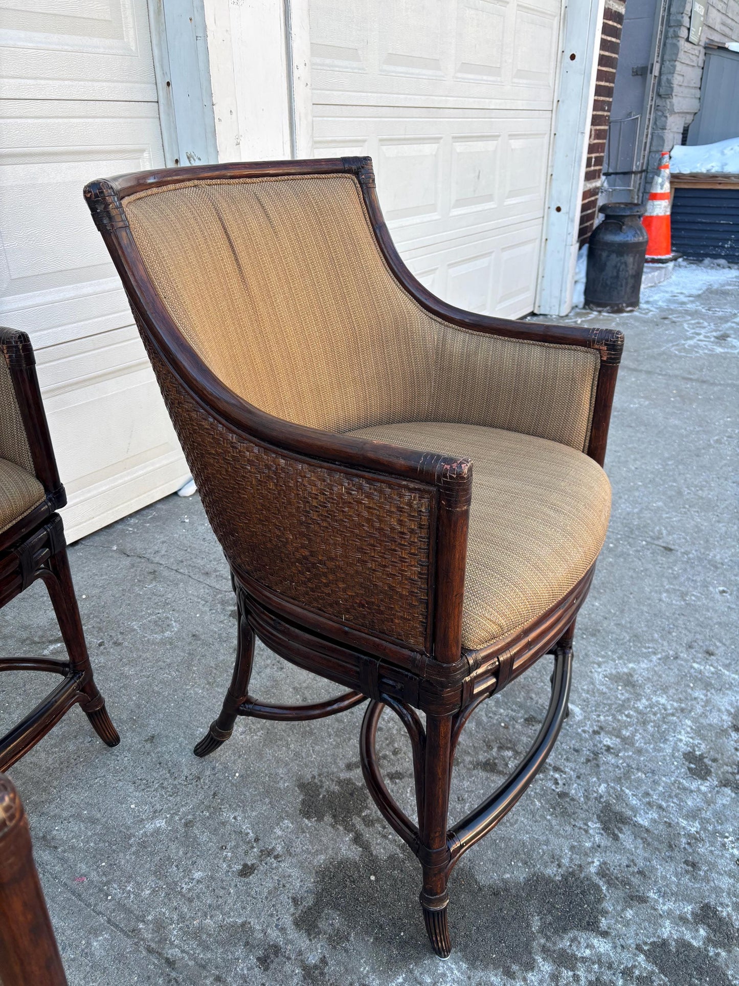 Set of 3 Faux Bamboo Rattan Armchairs, McGuire Style Lounge Chairs, Coastal Organic Modern Barrel Back Chairs, Upholstered Accent Seating