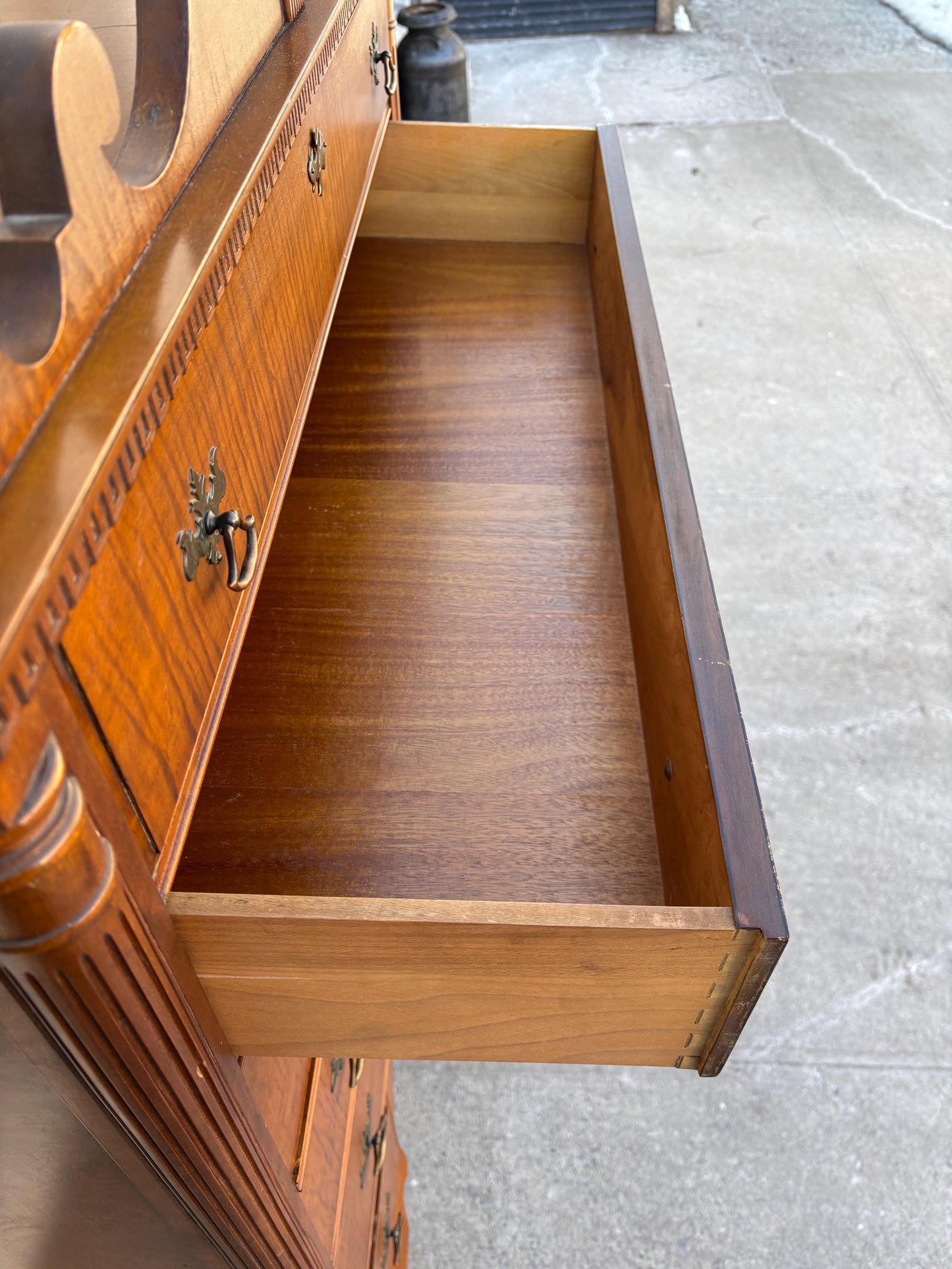 Vintage Highboy Dresser Tall Chest Queen Anne Style Bonnet Top Cabriole Legs Chippendale Revival Solid Wood Chest