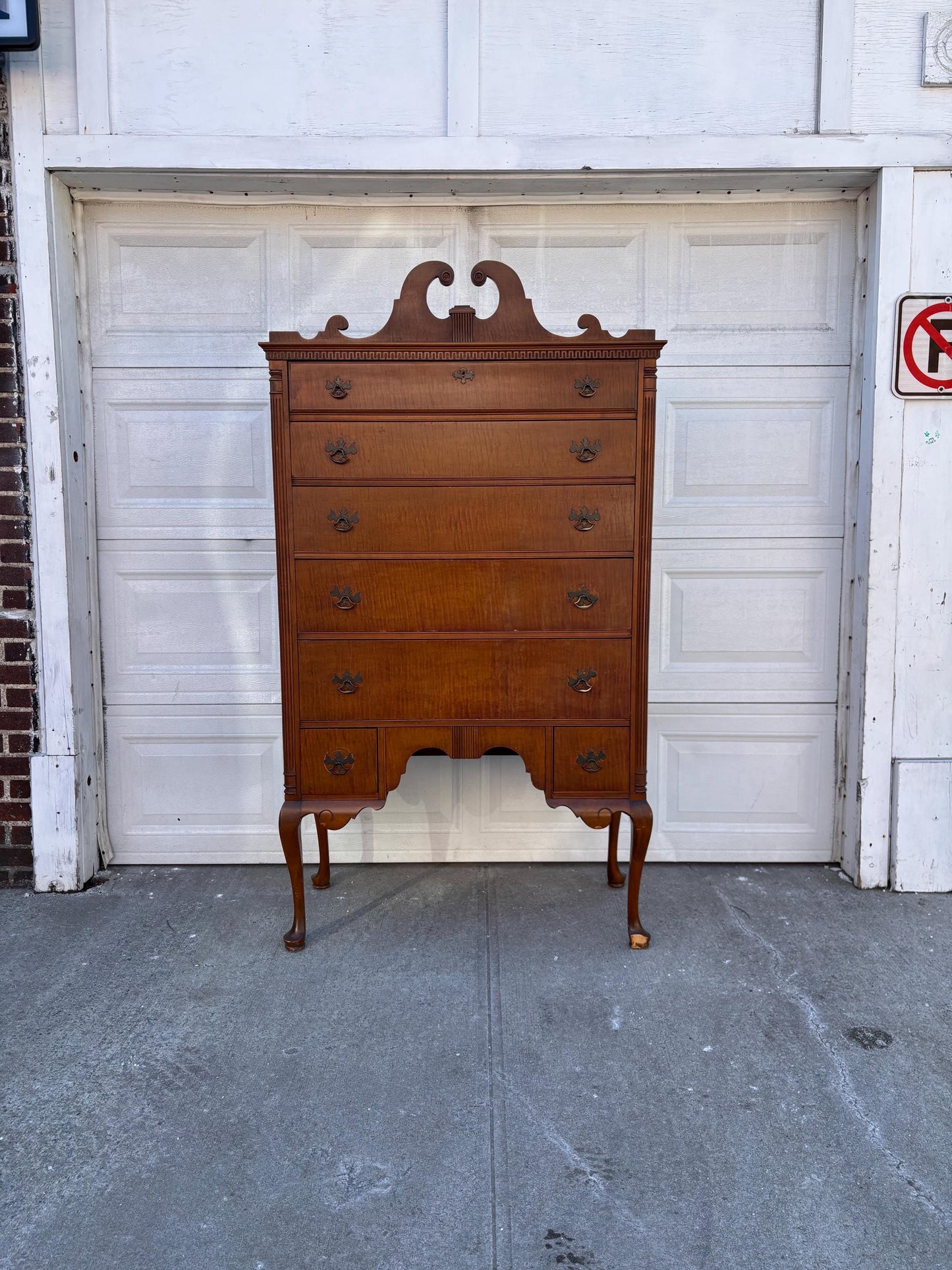 Vintage Highboy Dresser Tall Chest Queen Anne Style Bonnet Top Cabriole Legs Chippendale Revival Solid Wood Chest