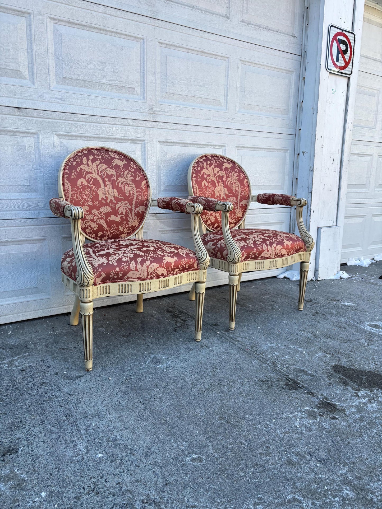 Pair of French Style Armchairs, Louis XVI Accent Chairs, Neoclassical Painted Wood Chairs, Red Toile Upholstered Barrel Back Chairs