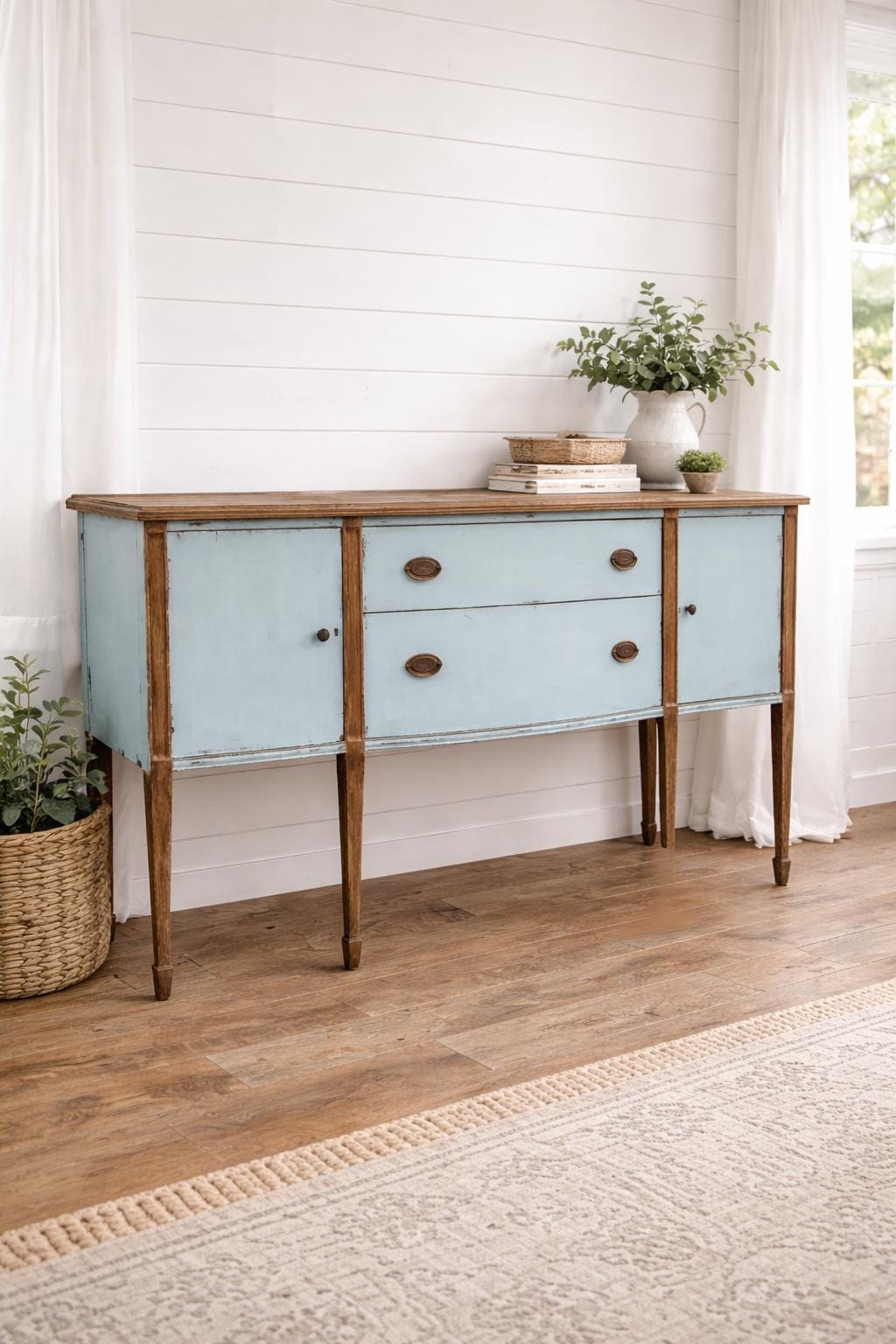Painted Farmhouse Sideboard Buffet Cabinet Distressed Blue Wood Console Table Serpentine Front Storage Cabinet