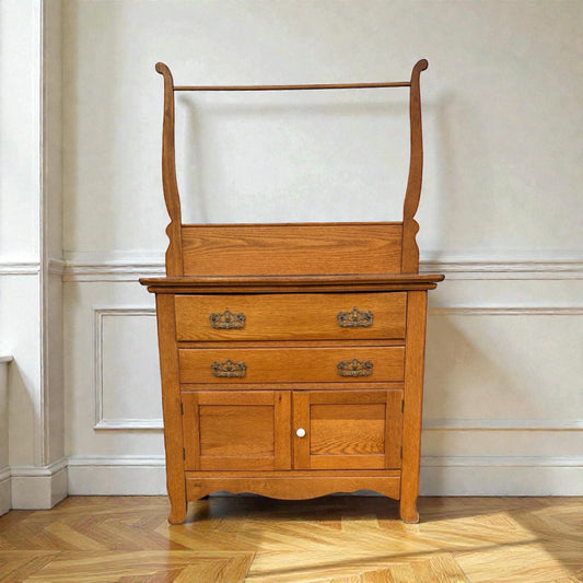 Antique Oak Washstand With Towel Rack Vintage Farmhouse Cabinet Sideboard Rustic Bathroom Storage