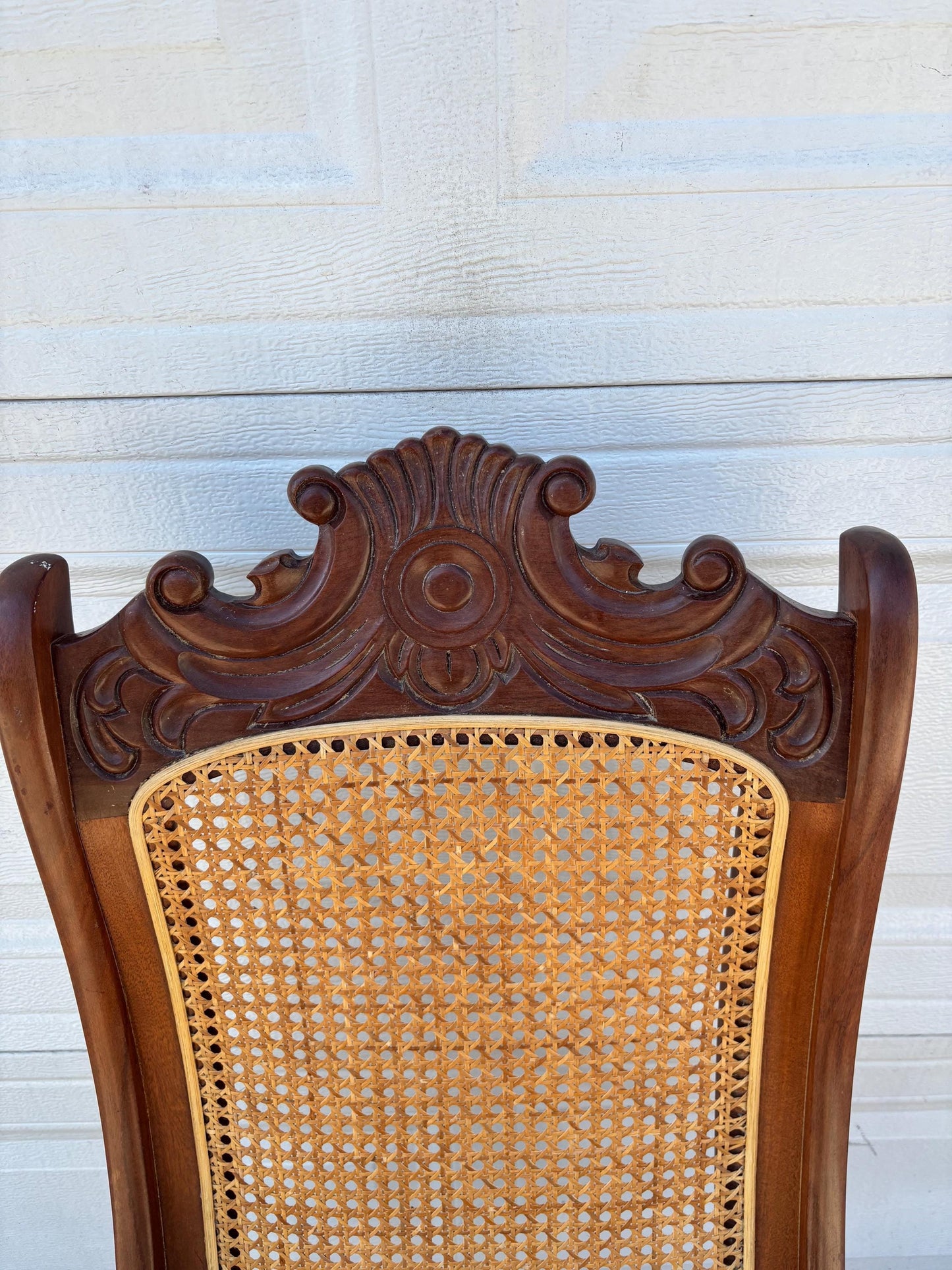 Vintage Cane Back Rocking Chair, Carved Wood Scroll Arm Rocker, Traditional Accent Chair, High Back French Style Rocker