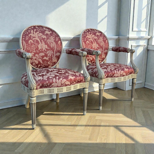 Pair of French Style Armchairs, Louis XVI Accent Chairs, Neoclassical Painted Wood Chairs, Red Toile Upholstered Barrel Back Chairs