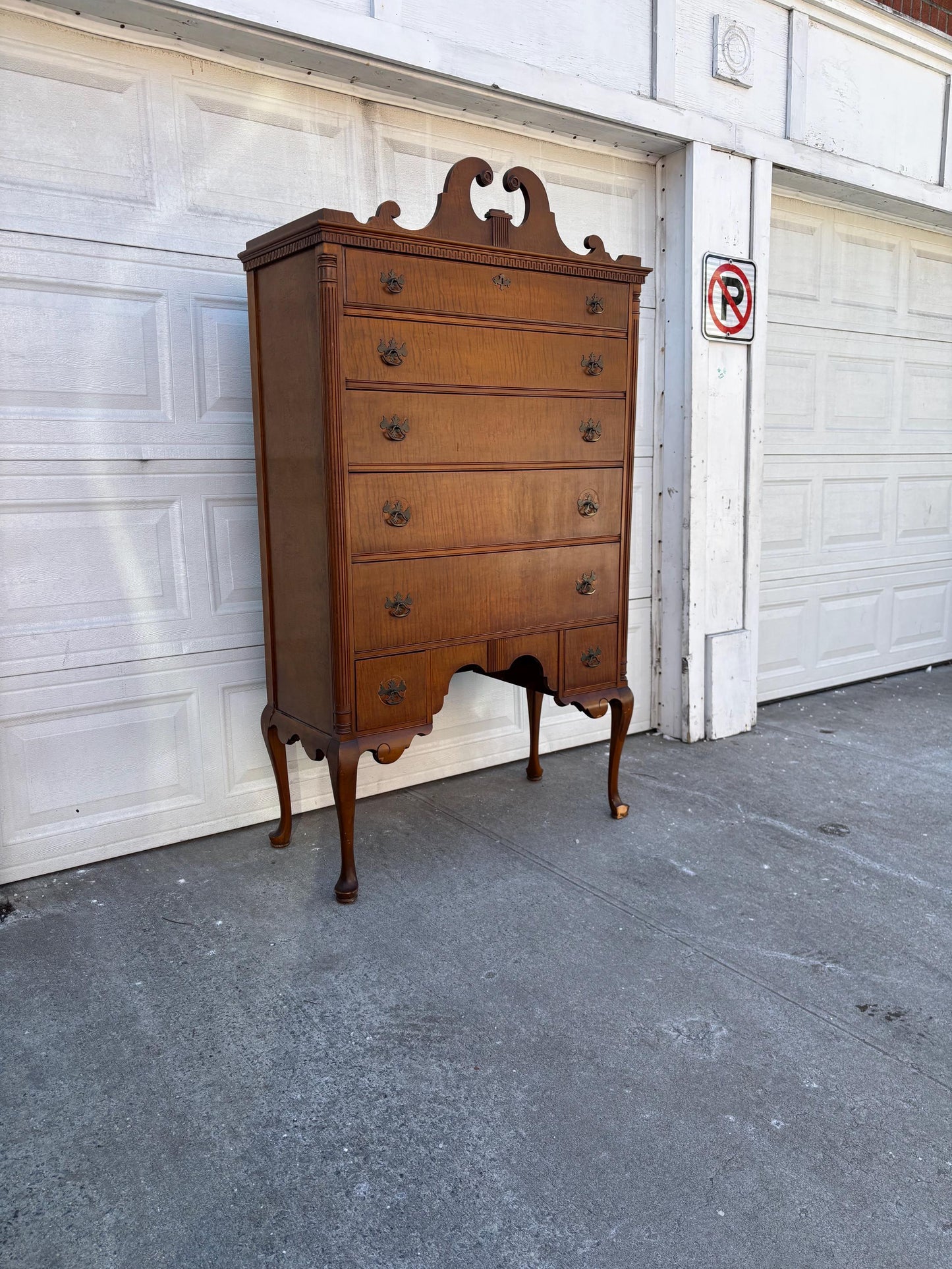 Vintage Highboy Dresser Tall Chest Queen Anne Style Bonnet Top Cabriole Legs Chippendale Revival Solid Wood Chest
