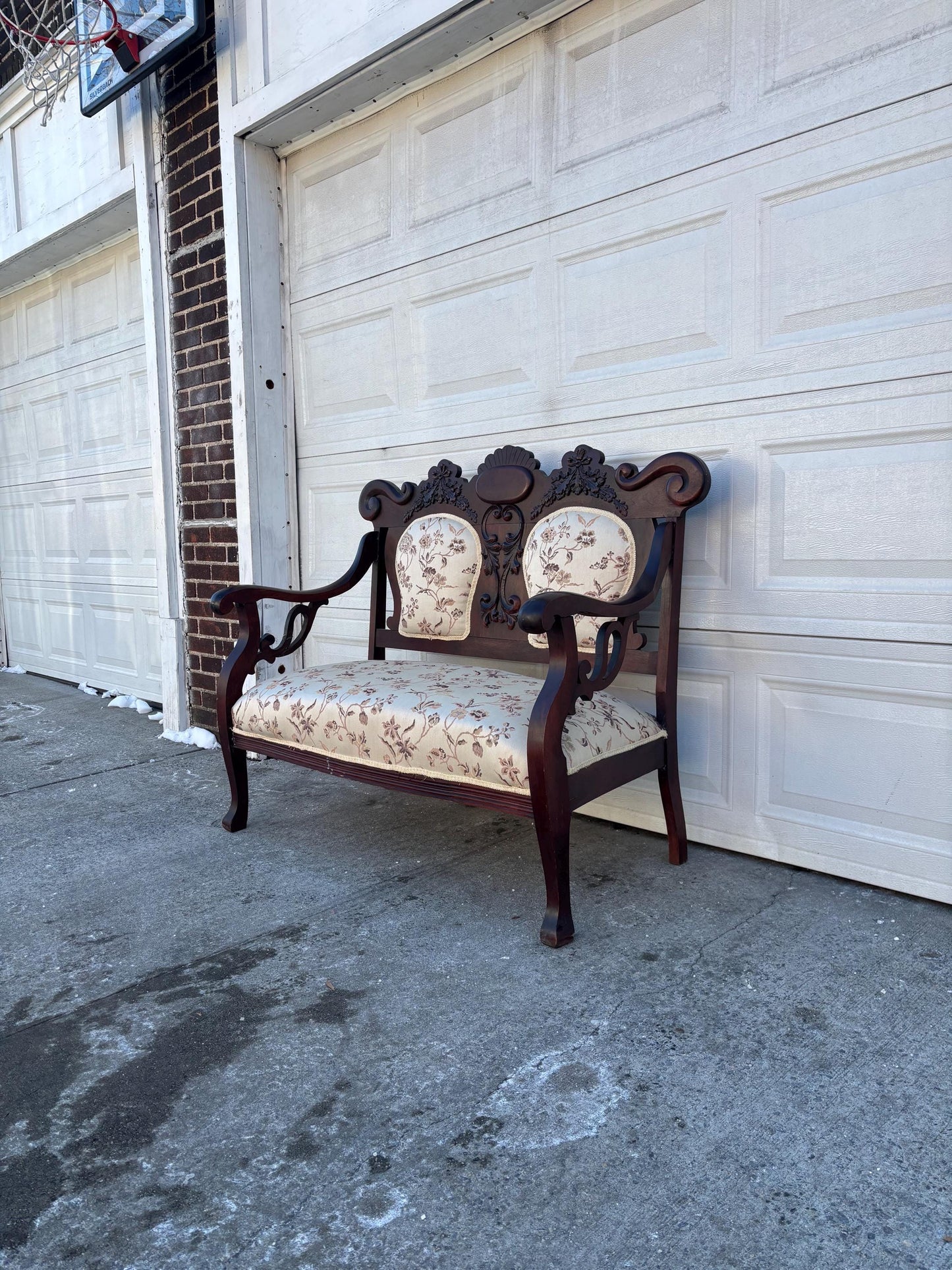 Antique Victorian Settee Carved Wood Loveseat Upholstered Parlor Bench Eastlake Style Sofa