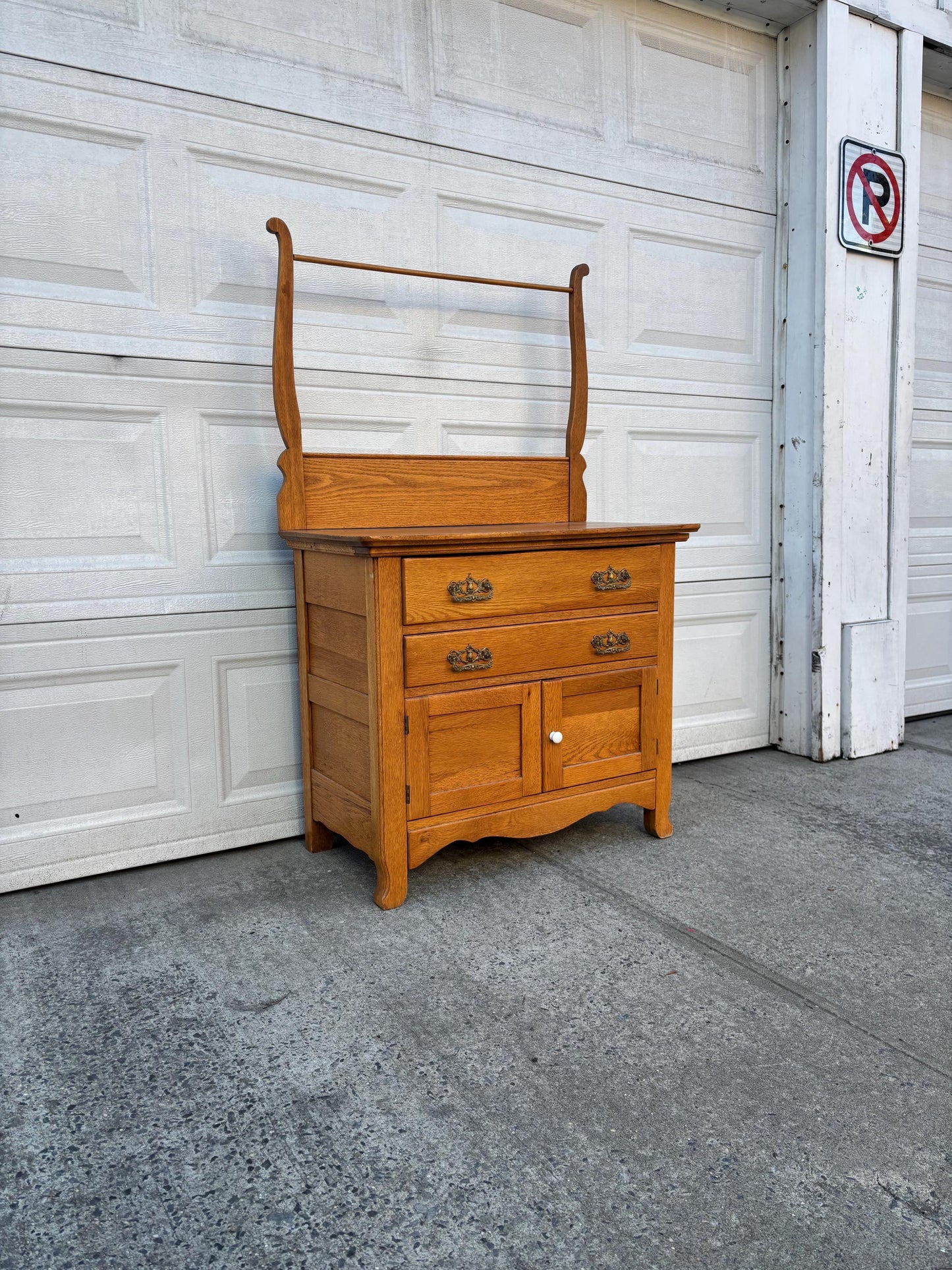 Antique Oak Washstand With Towel Rack Vintage Farmhouse Cabinet Sideboard Rustic Bathroom Storage