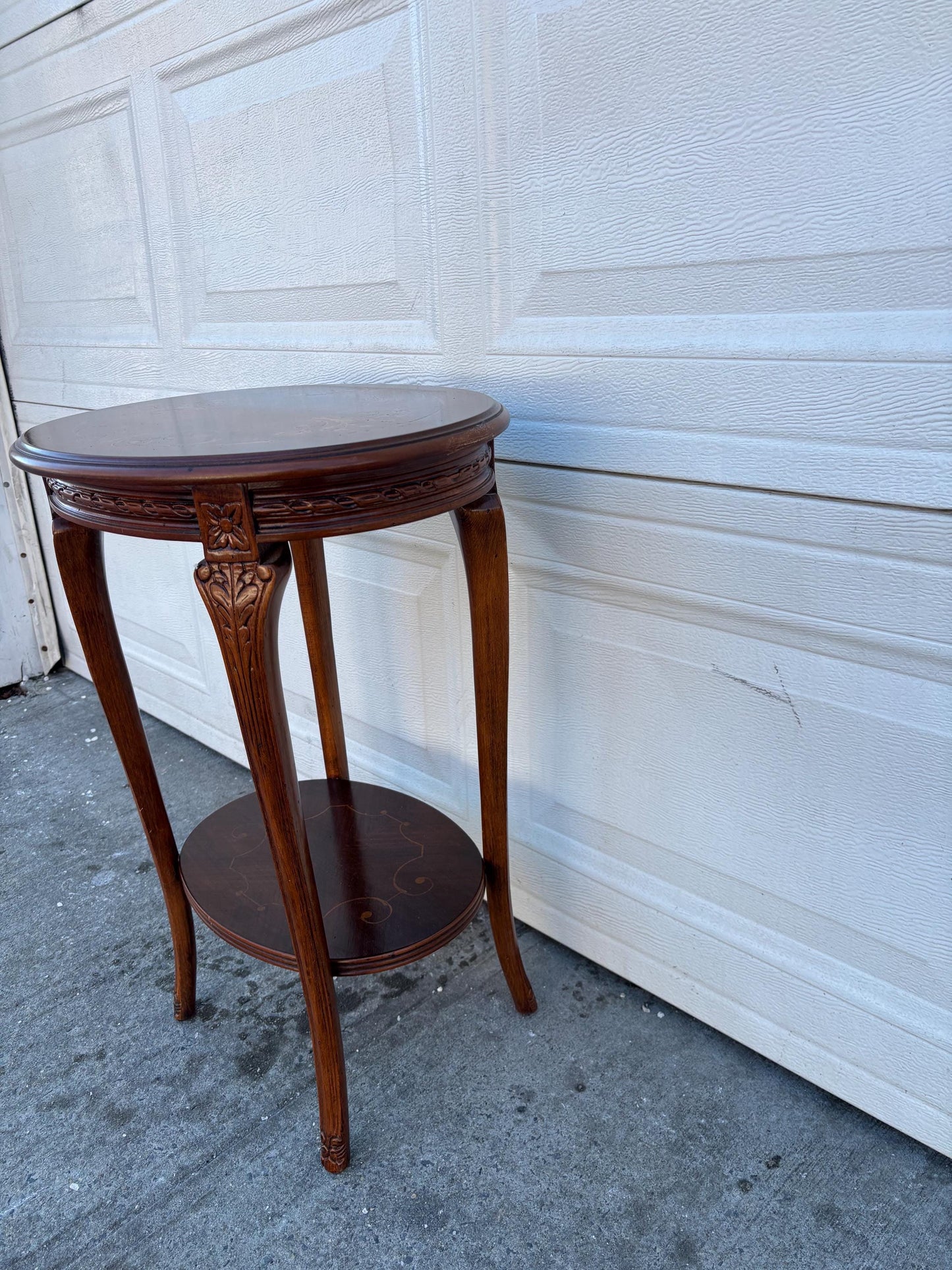 Vintage Italian Inlaid Side Table, Round Wood Accent Table with Shelf, Neoclassical Marquetry End Table, Decorative Occasional Table