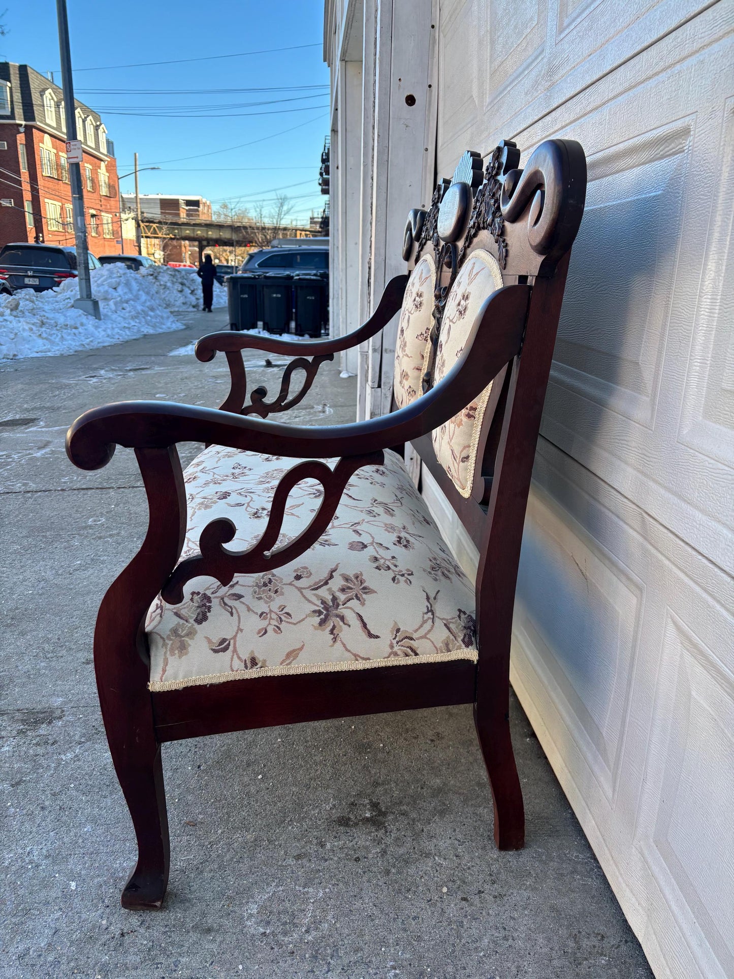 Antique Victorian Settee Carved Wood Loveseat Upholstered Parlor Bench Eastlake Style Sofa