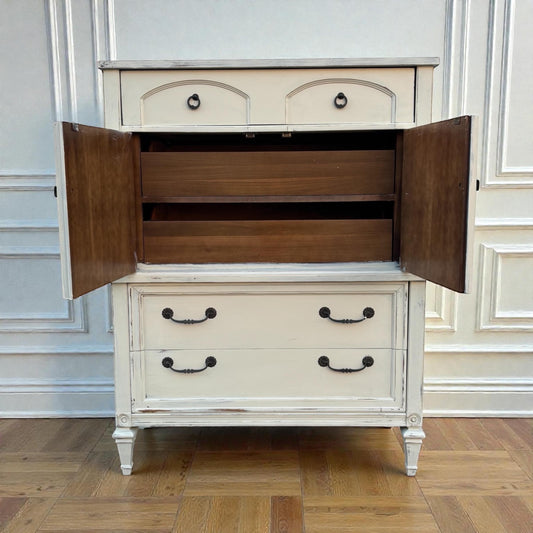 Vintage French Provincial Secretary Desk Cabinet White Distressed Drop Front Storage Chest