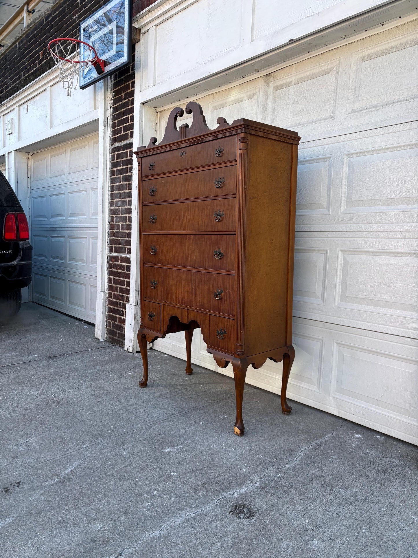 Vintage Highboy Dresser Tall Chest Queen Anne Style Bonnet Top Cabriole Legs Chippendale Revival Solid Wood Chest