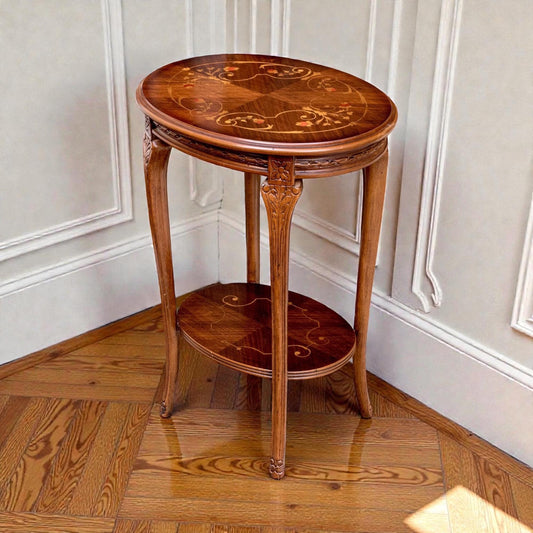 Vintage Italian Inlaid Side Table, Round Wood Accent Table with Shelf, Neoclassical Marquetry End Table, Decorative Occasional Table