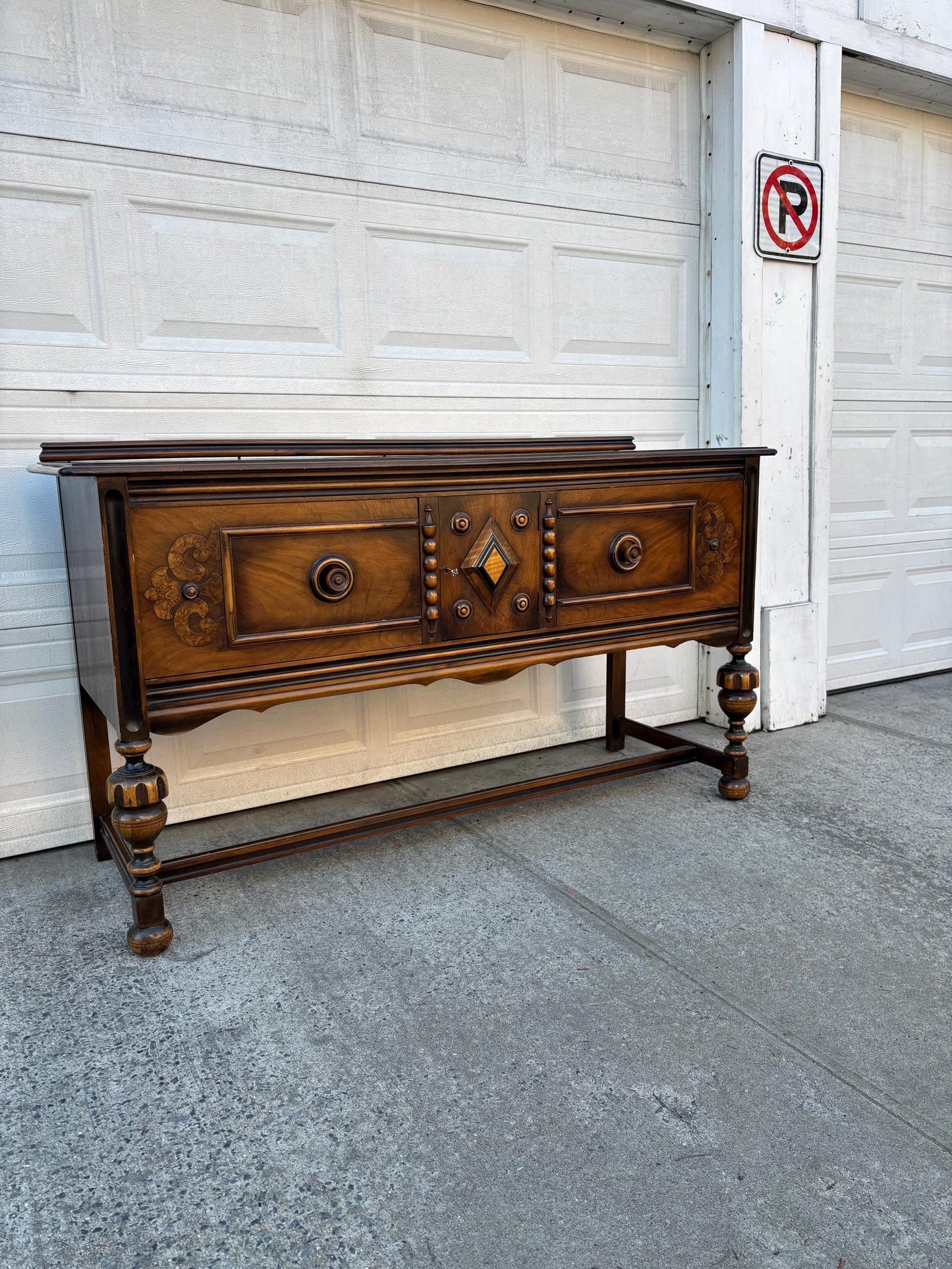Vintage Jacobean Revival Server Sideboard Console Table Carved Wood Buffet Spanish Style Entry Cabinet