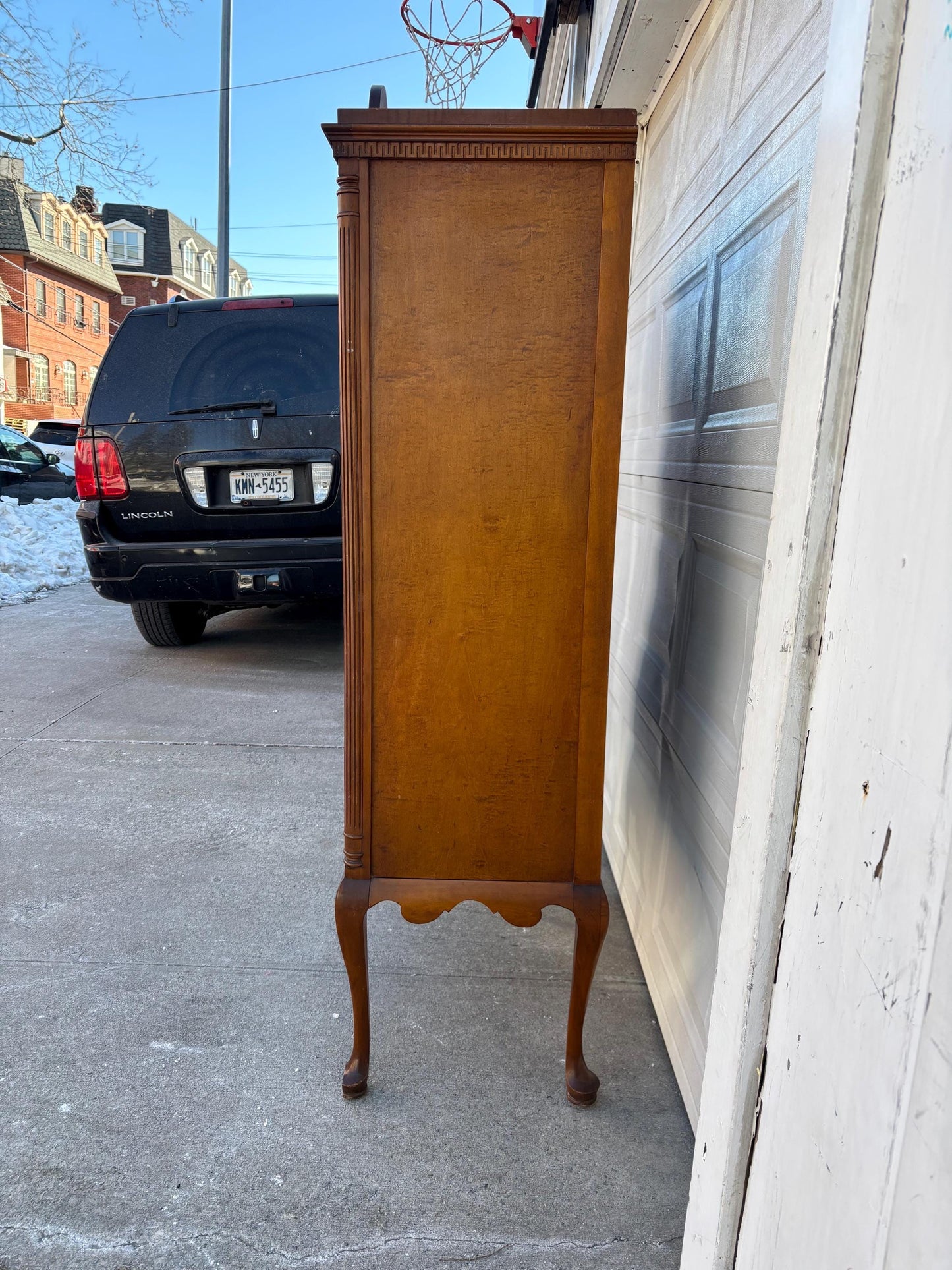 Vintage Highboy Dresser Tall Chest Queen Anne Style Bonnet Top Cabriole Legs Chippendale Revival Solid Wood Chest
