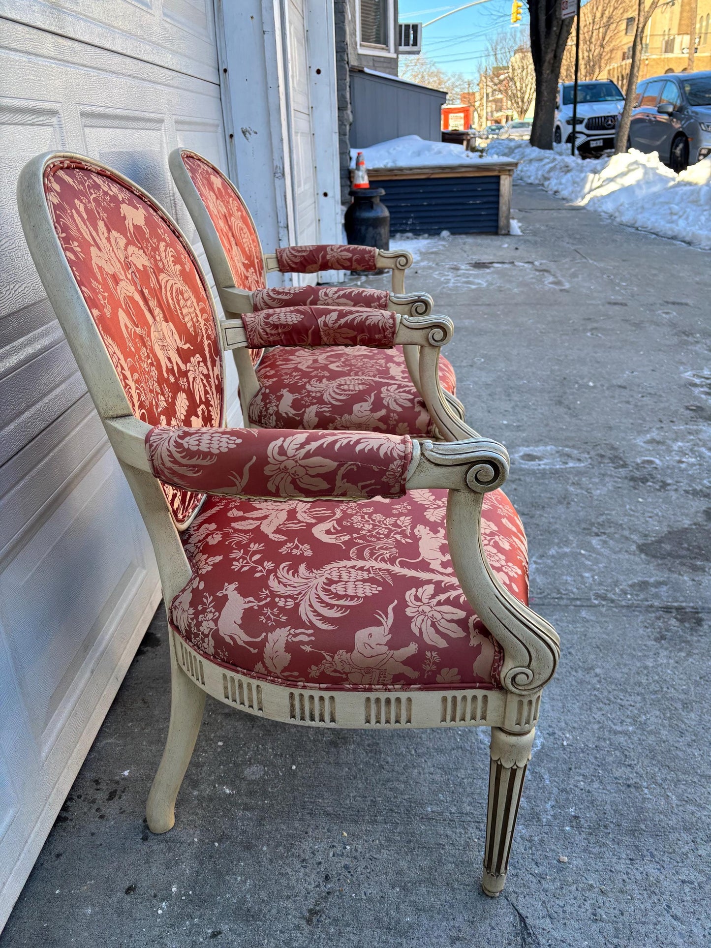 Pair of French Style Armchairs, Louis XVI Accent Chairs, Neoclassical Painted Wood Chairs, Red Toile Upholstered Barrel Back Chairs
