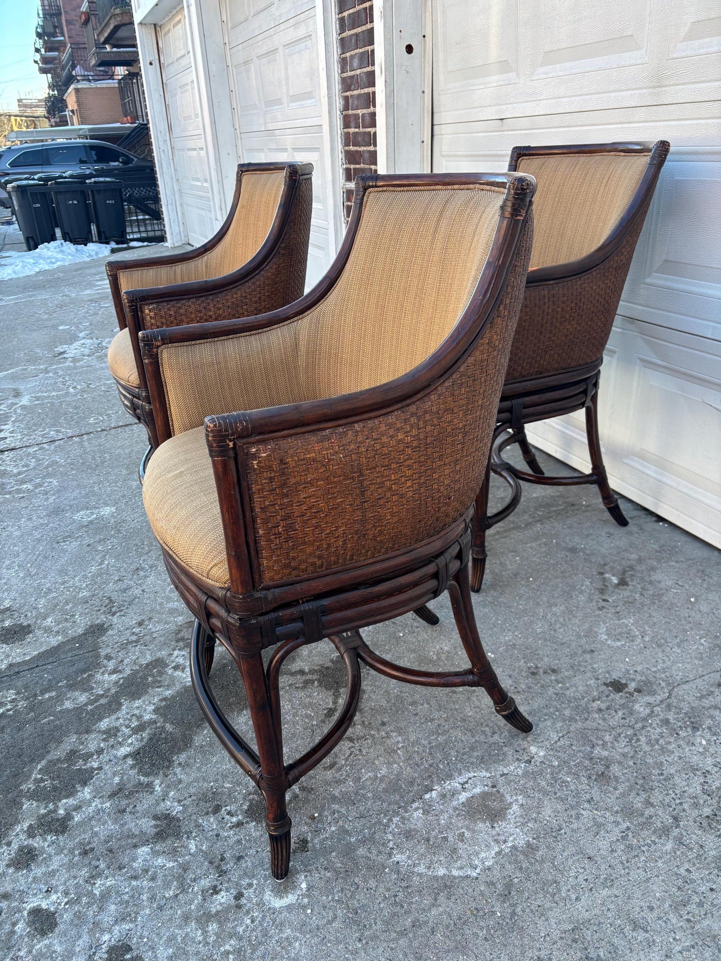 Set of 3 Faux Bamboo Rattan Armchairs, McGuire Style Lounge Chairs, Coastal Organic Modern Barrel Back Chairs, Upholstered Accent Seating