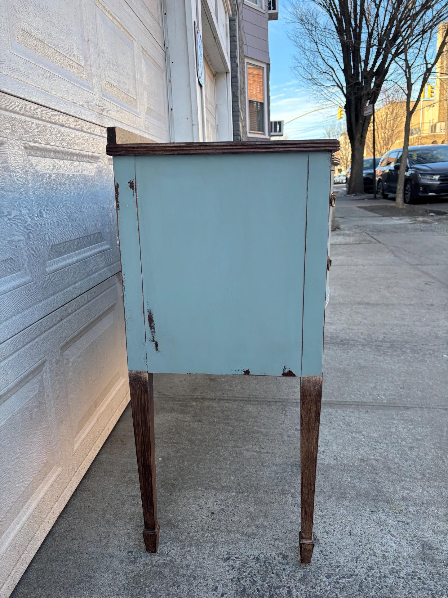 Painted Farmhouse Sideboard Buffet Cabinet Distressed Blue Wood Console Table Serpentine Front Storage Cabinet