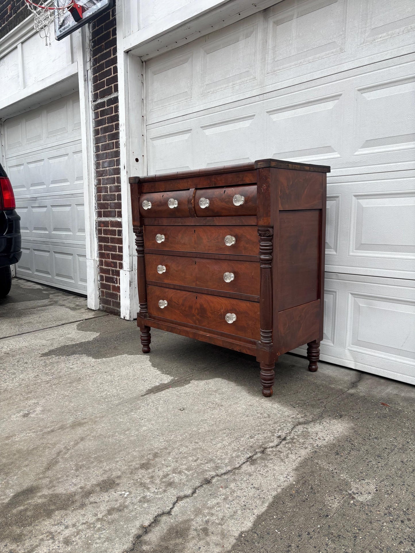 Antique Empire Style Mahogany Dresser Chest Figured Wood Glass Knobs Column Supports Solid Wood Vintage Bedroom Furniture