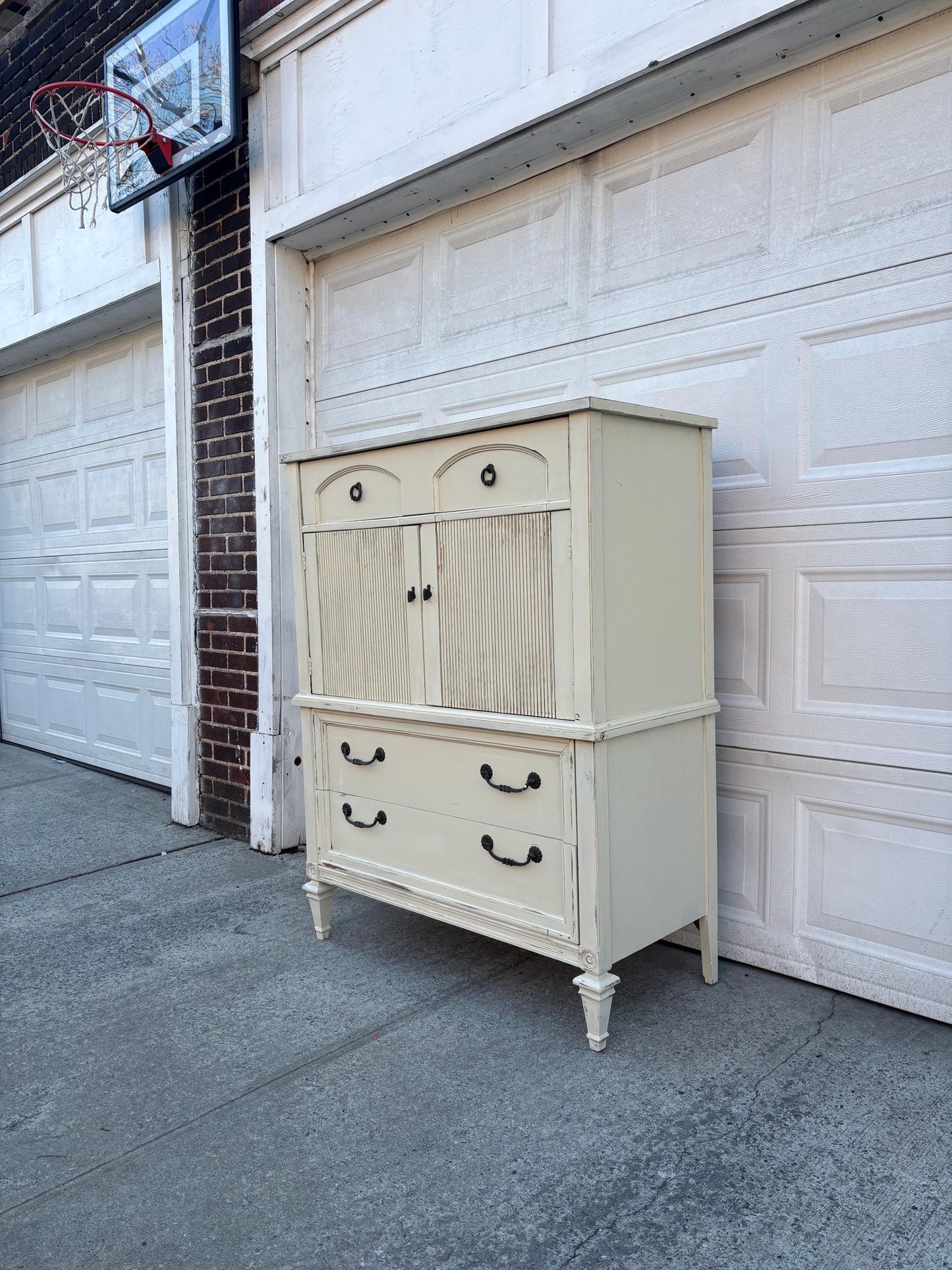 Vintage French Provincial Secretary Desk Cabinet White Distressed Drop Front Storage Chest