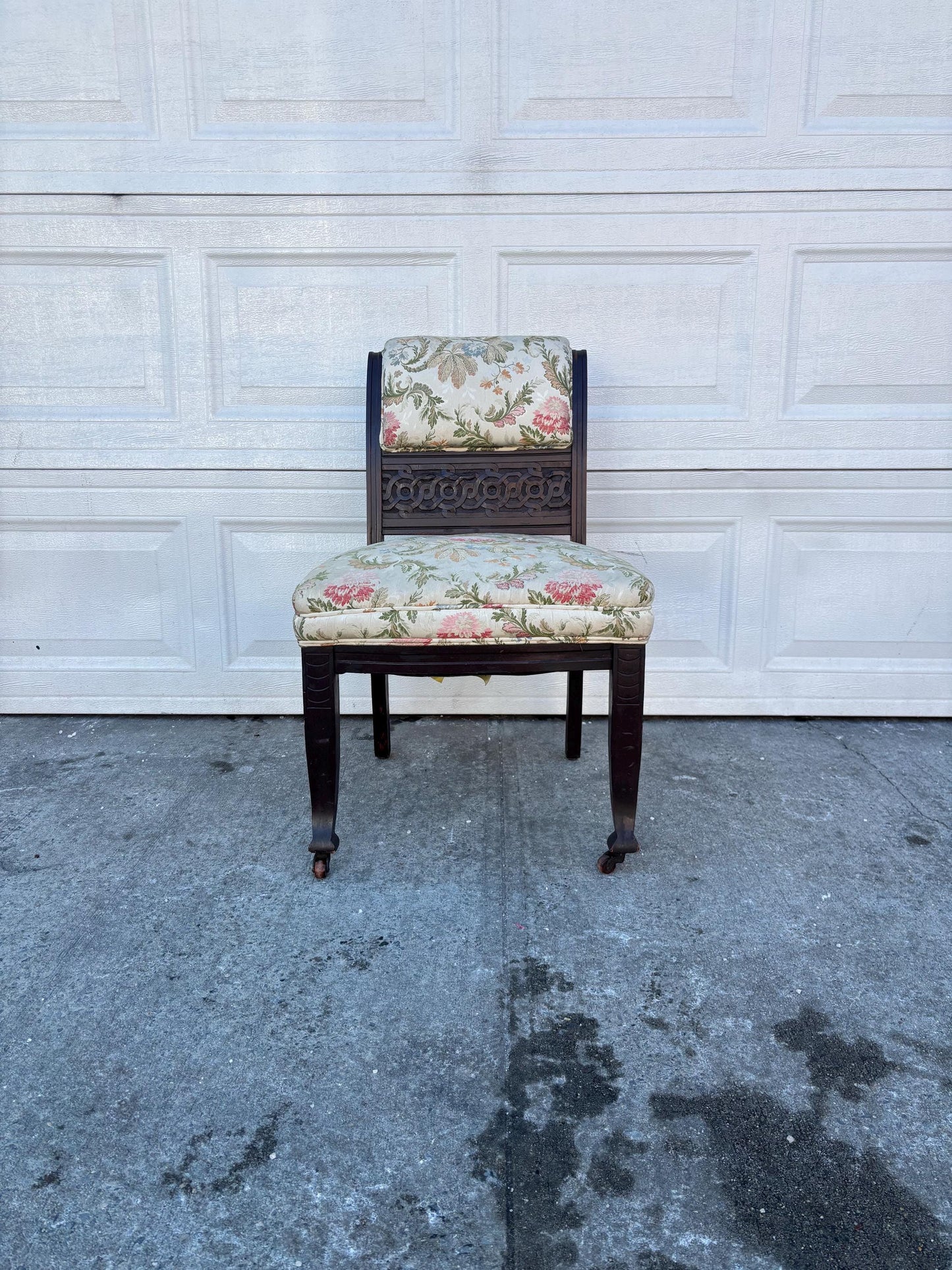 Vintage Upholstered Accent Chair Carved Wood Side Chair Floral Fabric Seat Traditional Dining Chair