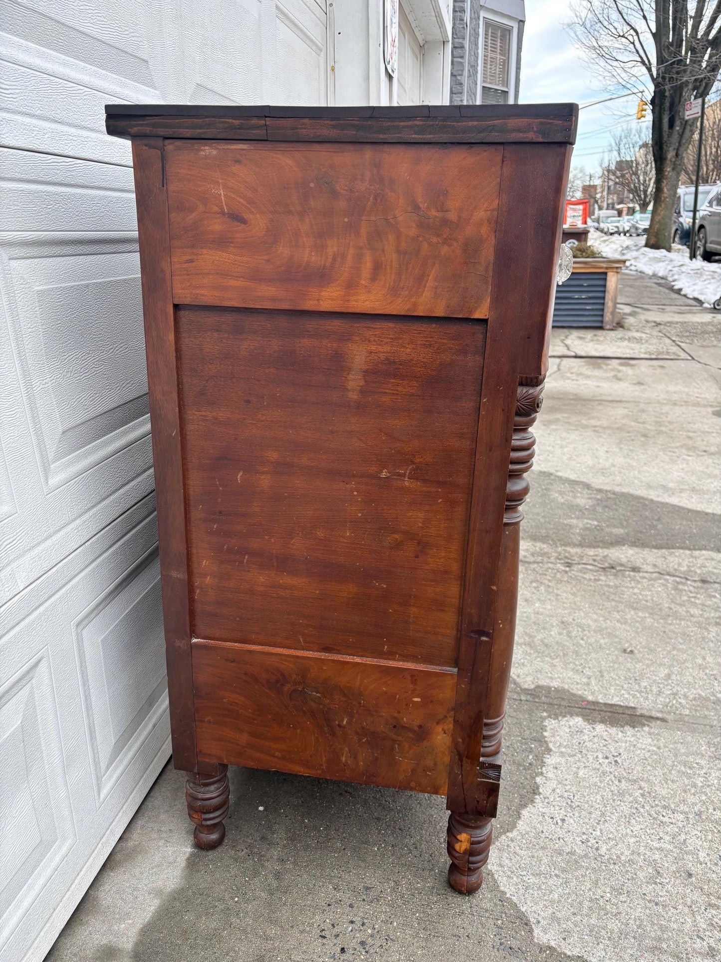 Antique Empire Style Mahogany Dresser Chest Figured Wood Glass Knobs Column Supports Solid Wood Vintage Bedroom Furniture