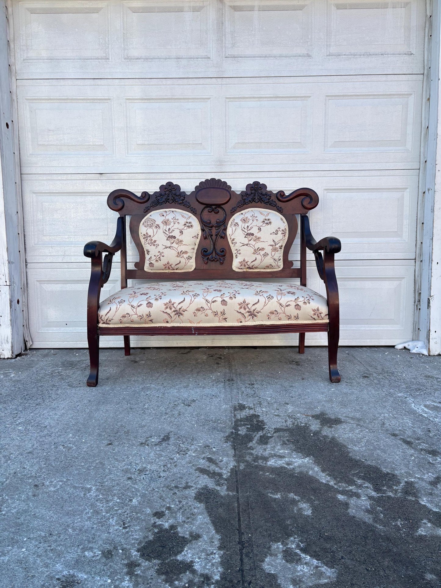 Antique Victorian Settee Carved Wood Loveseat Upholstered Parlor Bench Eastlake Style Sofa