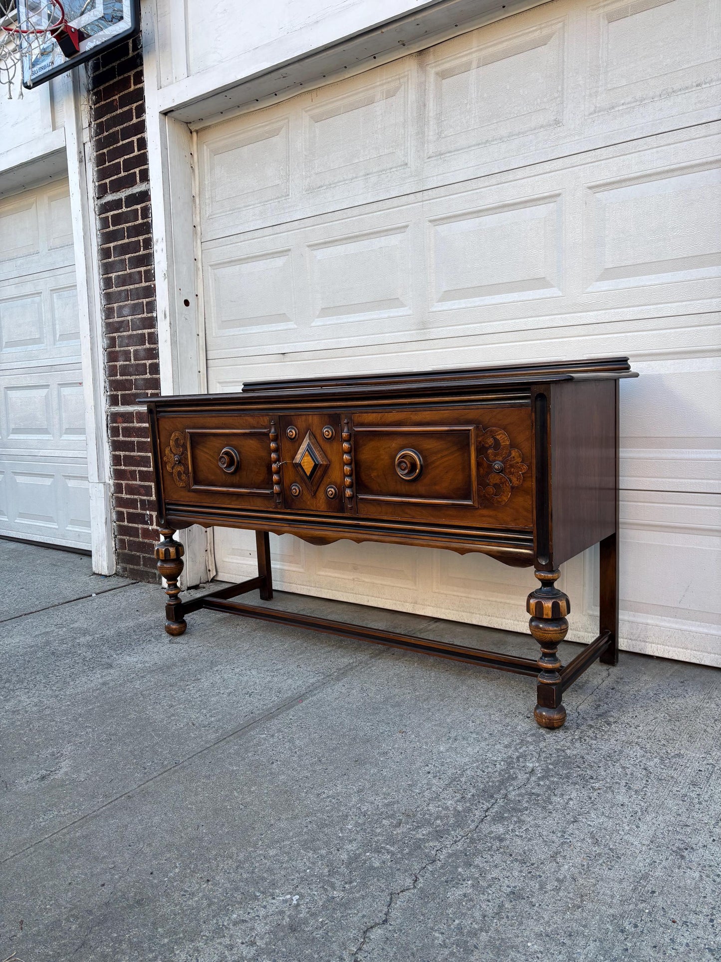Vintage Jacobean Revival Server Sideboard Console Table Carved Wood Buffet Spanish Style Entry Cabinet