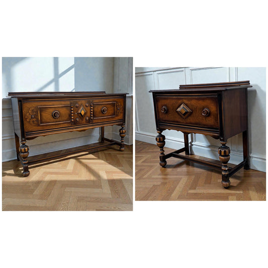 Antique Jacobean Revival Server Tables Set of 2 Walnut Sideboard Console Pair Tudor Style Turned Legs