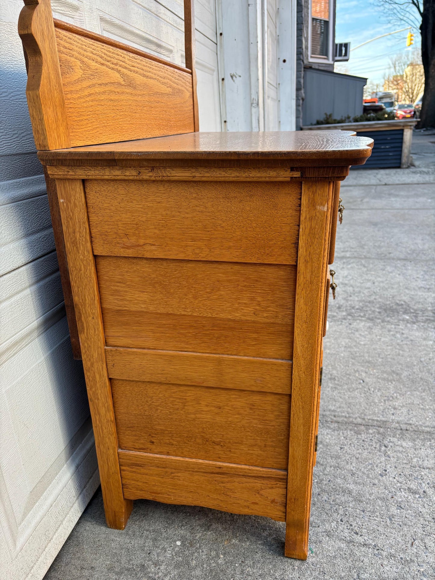 Antique Oak Washstand With Towel Rack Vintage Farmhouse Cabinet Sideboard Rustic Bathroom Storage