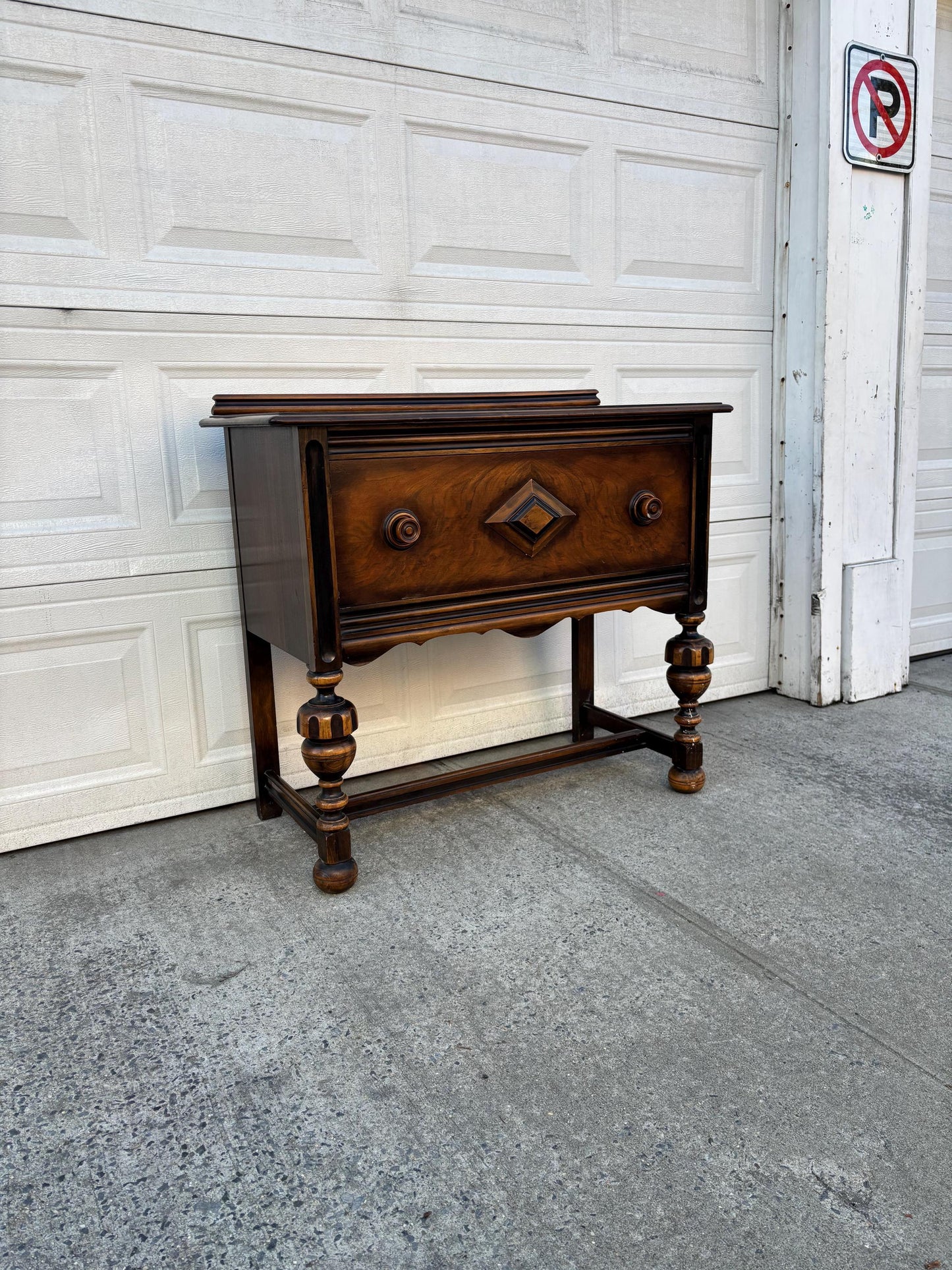 Antique Jacobean Revival Sideboard Server Buffet Walnut Bar Cabinet Console Table Vintage Storage Furniture