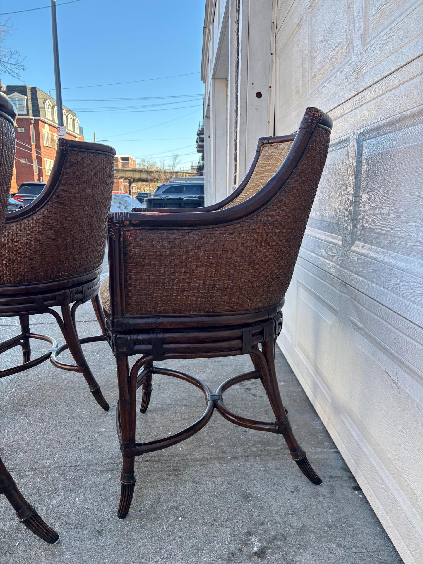 Set of 3 Faux Bamboo Rattan Armchairs, McGuire Style Lounge Chairs, Coastal Organic Modern Barrel Back Chairs, Upholstered Accent Seating
