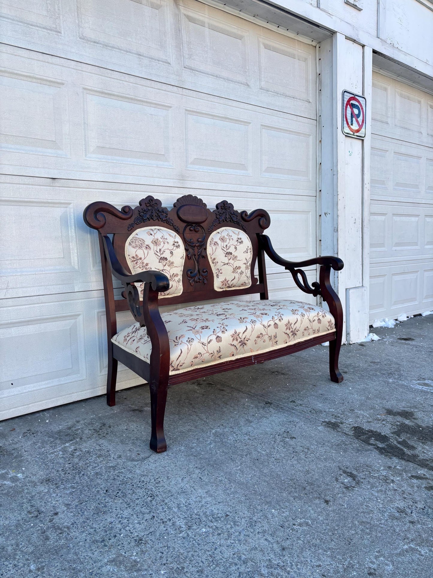 Antique Victorian Settee Carved Wood Loveseat Upholstered Parlor Bench Eastlake Style Sofa