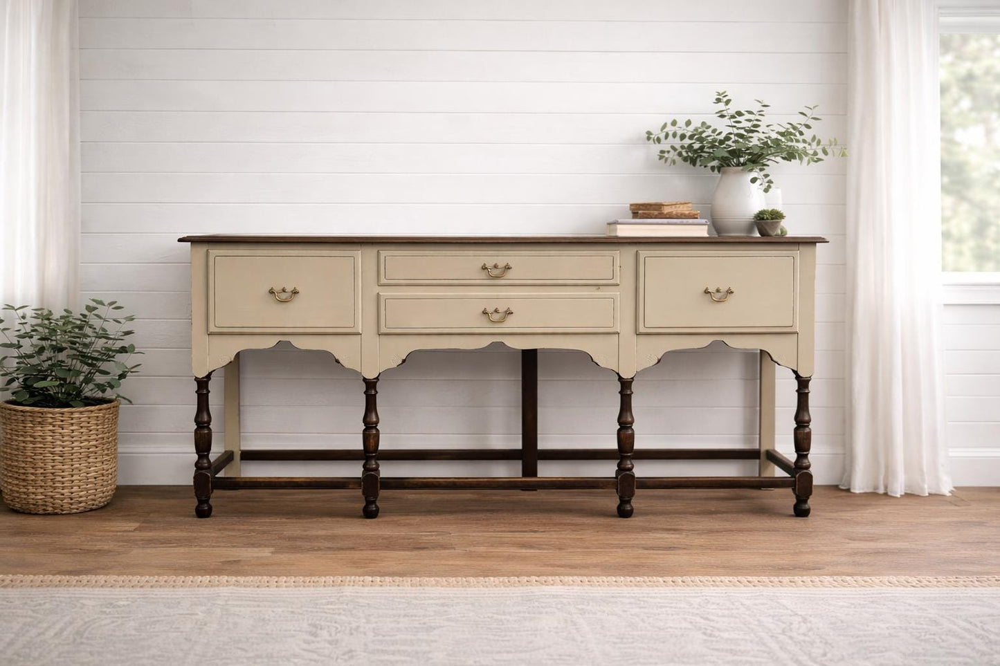 Painted Farmhouse Sideboard Buffet Distressed Console Table Rustic Wood Server Cream Entryway Cabinet