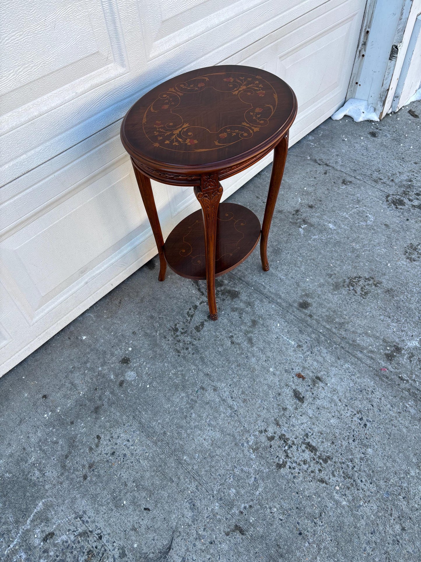 Vintage Italian Inlaid Side Table, Round Wood Accent Table with Shelf, Neoclassical Marquetry End Table, Decorative Occasional Table