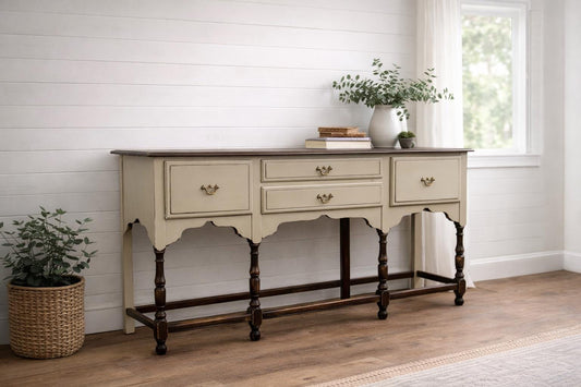 Painted Farmhouse Sideboard Buffet Distressed Console Table Rustic Wood Server Cream Entryway Cabinet