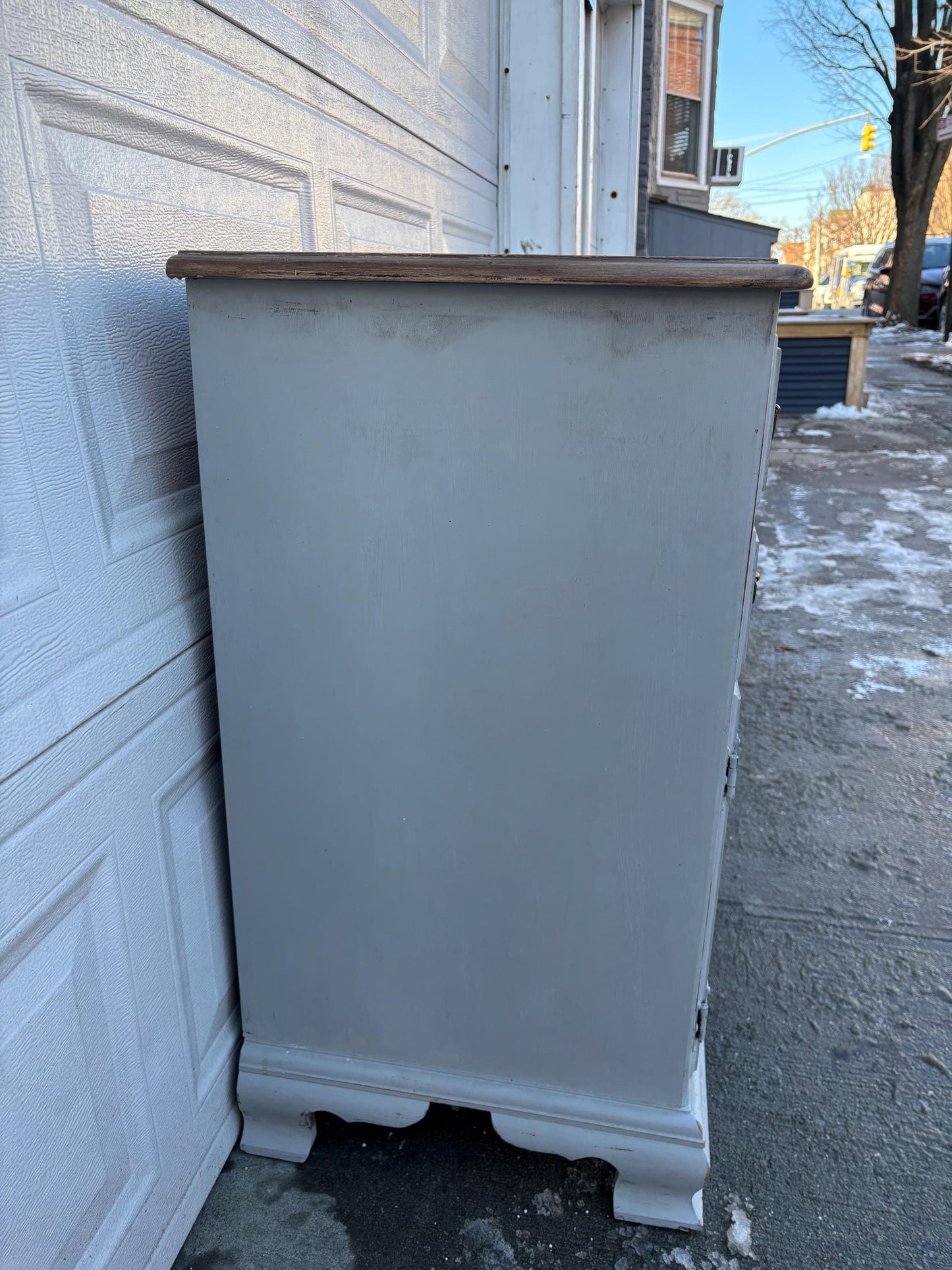 Vintage Farmhouse Sideboard Buffet Cabinet Gray White Blue Distressed Wood Top Storage Cabinet